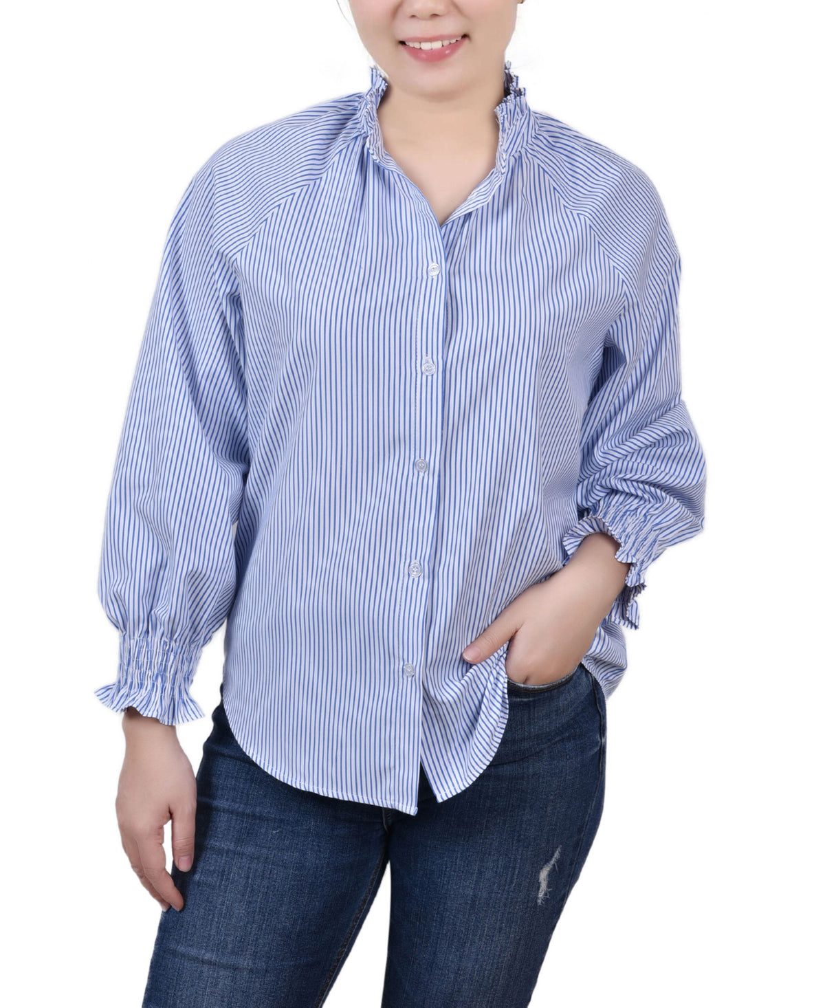 Petite Cinch Sleeve Button Front Blouse