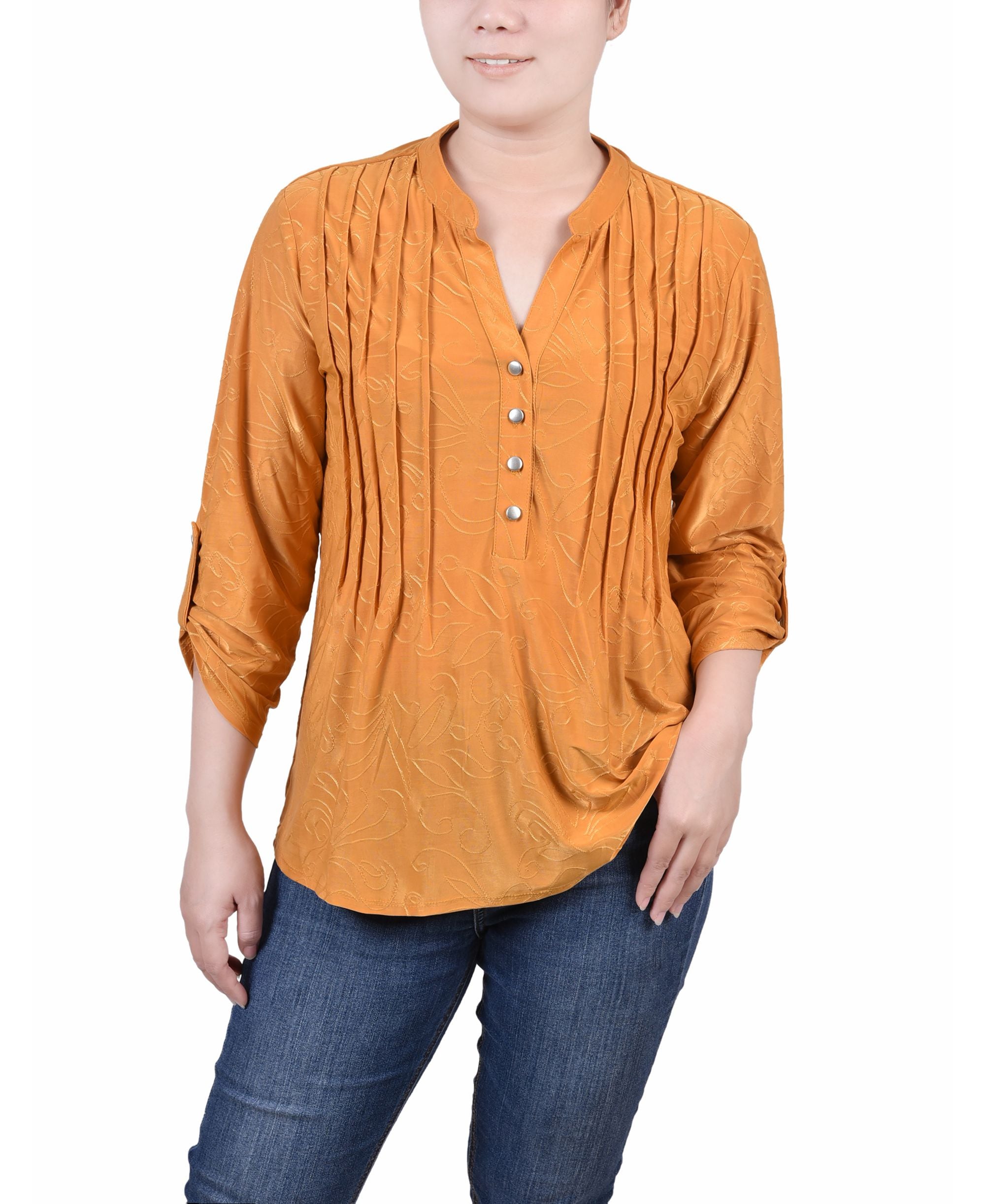 NY Collection Petite 3/4 Roll Tab Pullover Top