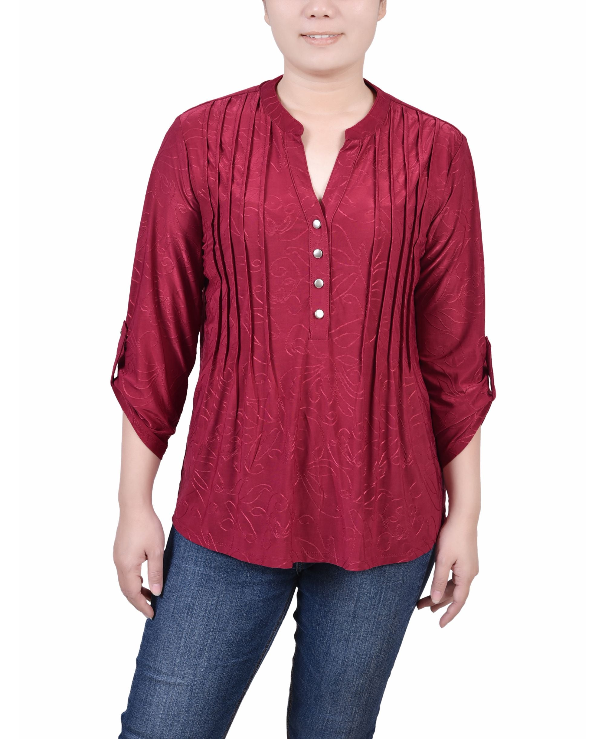 NY Collection Petite 3/4 Roll Tab Pullover Top