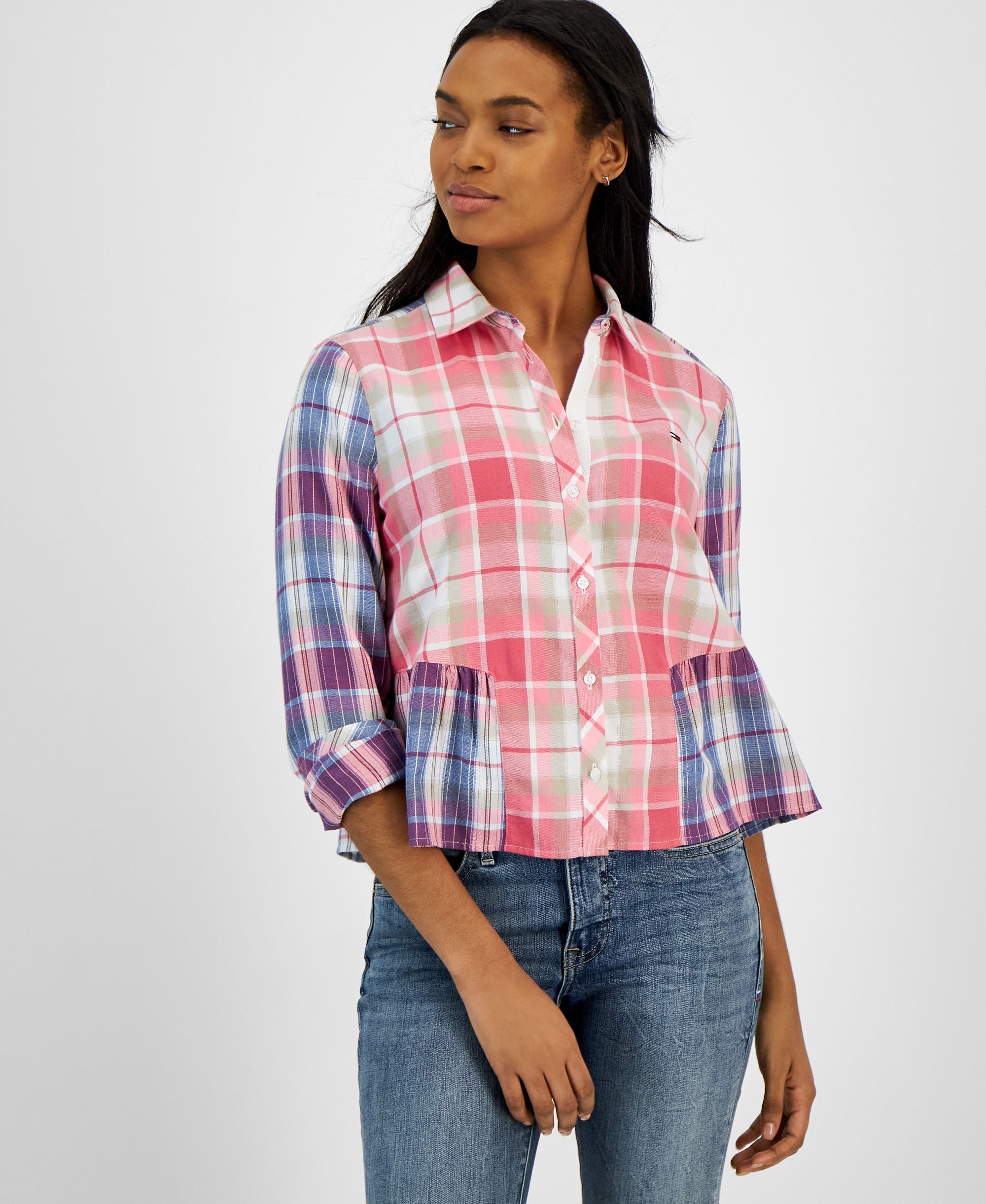 Women's Cotton Collared Plaid Peplum Shirt