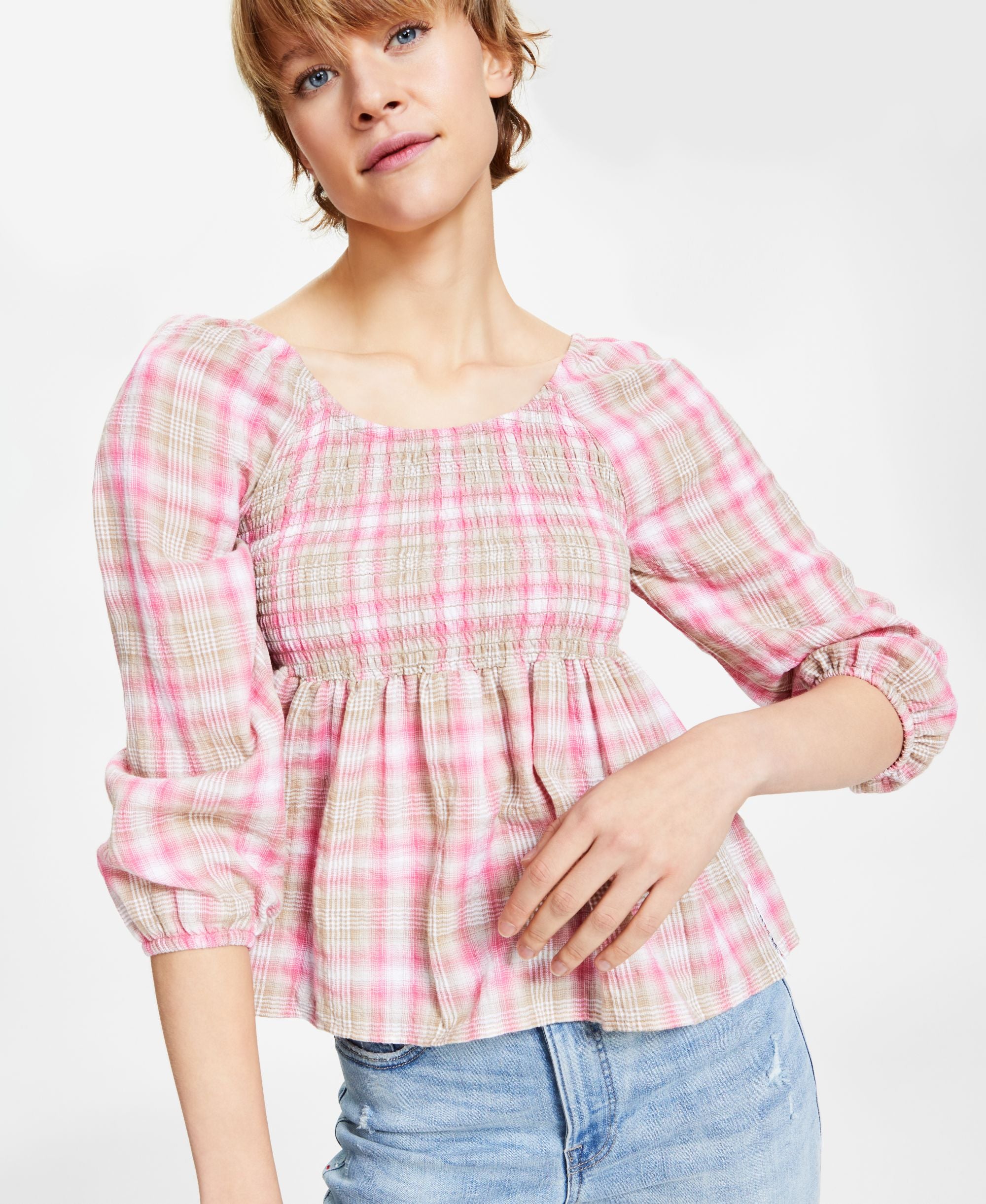 Women's Plaid Smocked Peplum Top