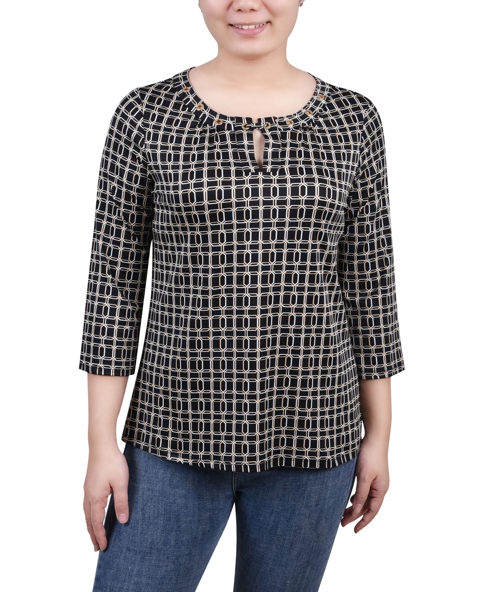 Petite Size 3/4 Sleeve Grommet Top