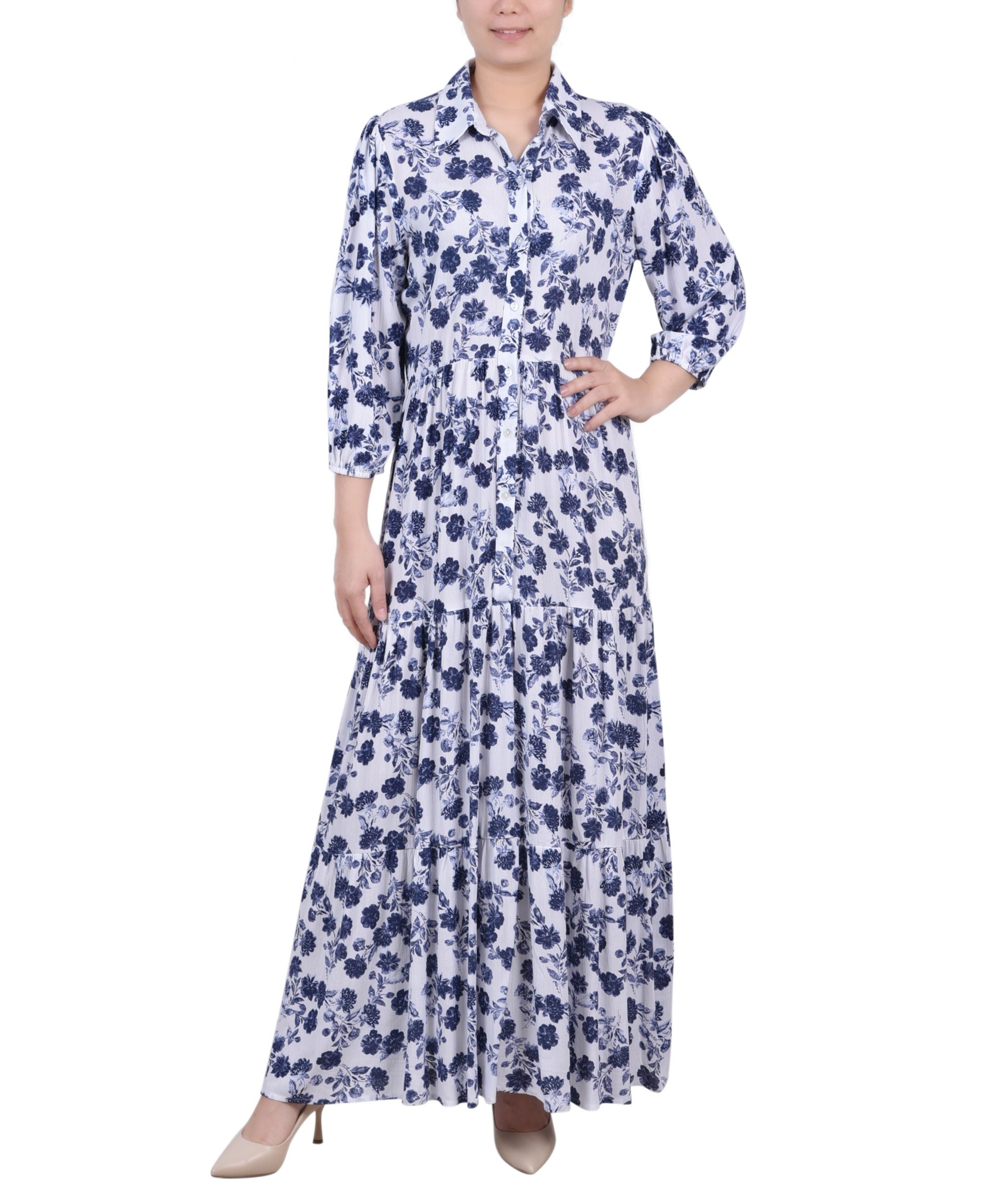 NY Collection Petite 3/4 Sleeve Crinkle Tiered Maxi Dress