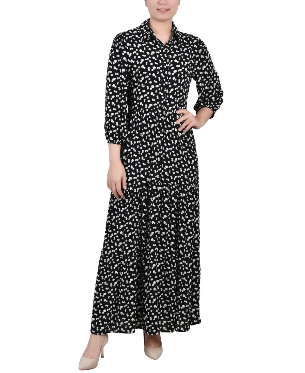 NY Collection Petite 3/4 Sleeve Crinkle Tiered Maxi Dress