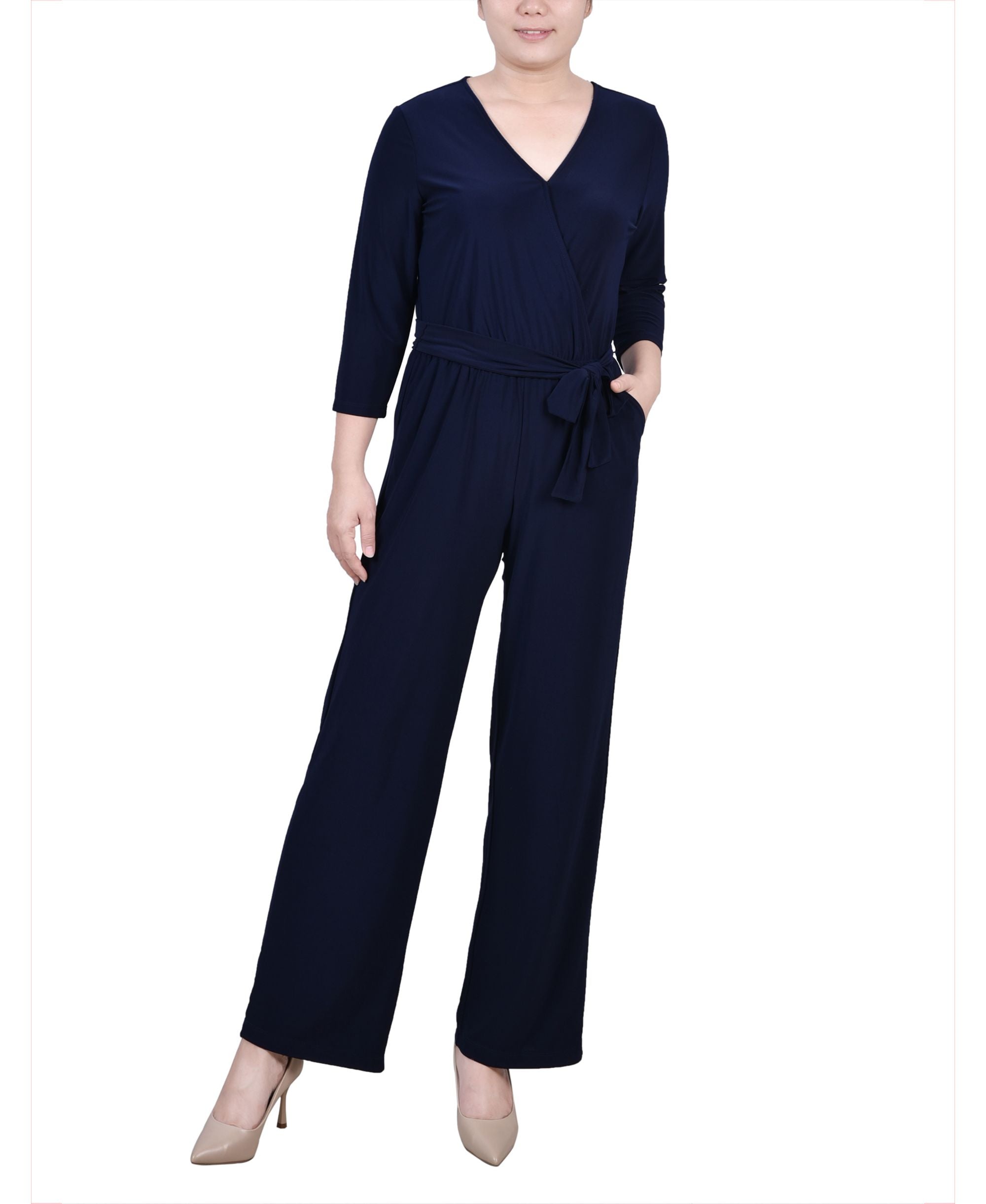 Petite Short 3/4 Sleeve Belted Wide Leg Jumpsuit