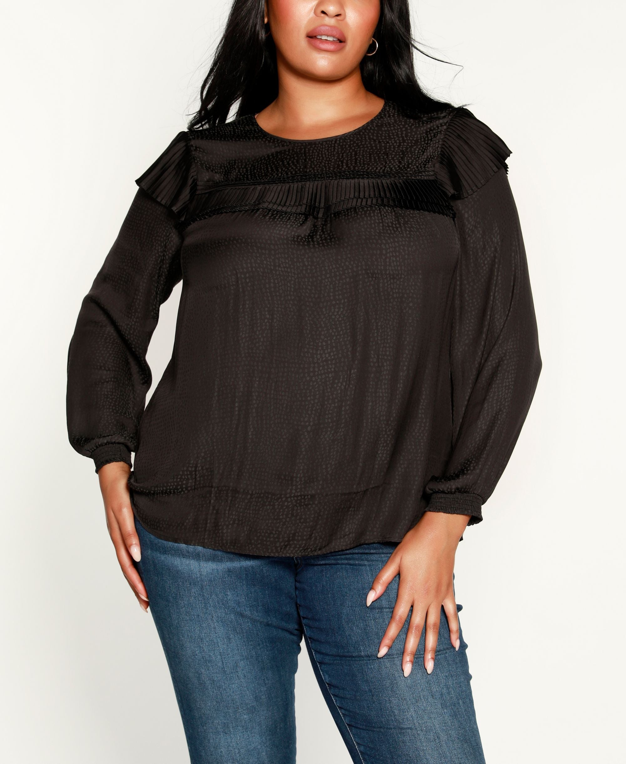 Belldini Black Label Plus Size Long Sleeve Pleated Ruffle Top