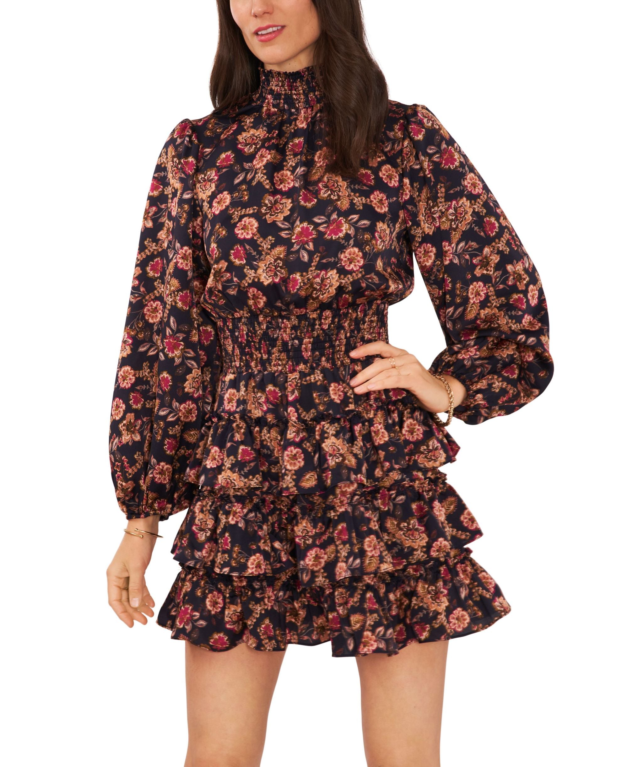 Women's Long Sleeve Smock Neck Ruffle Skirt Dress