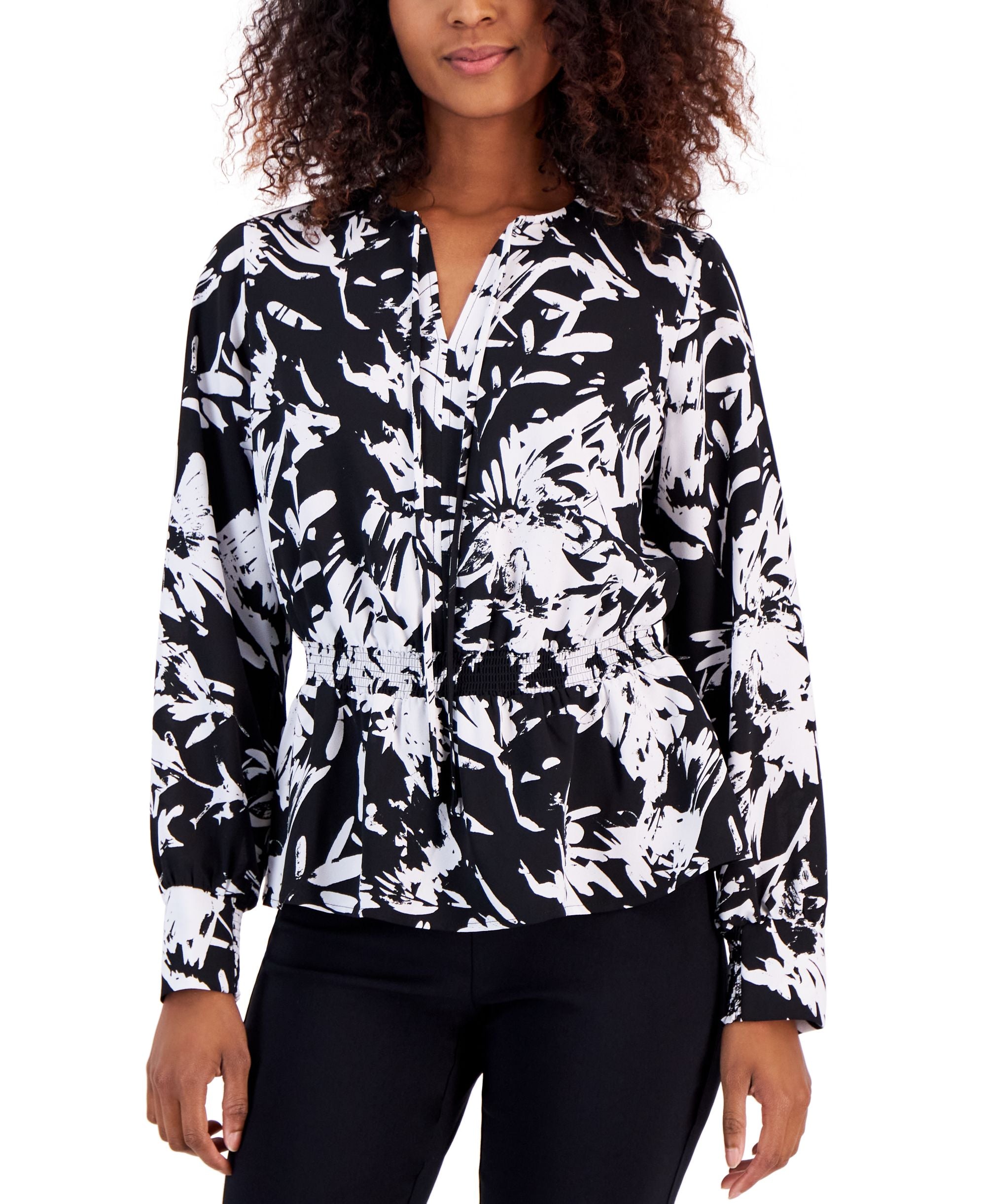 Petite Printed Smocked Blouson Long-Sleeve Top