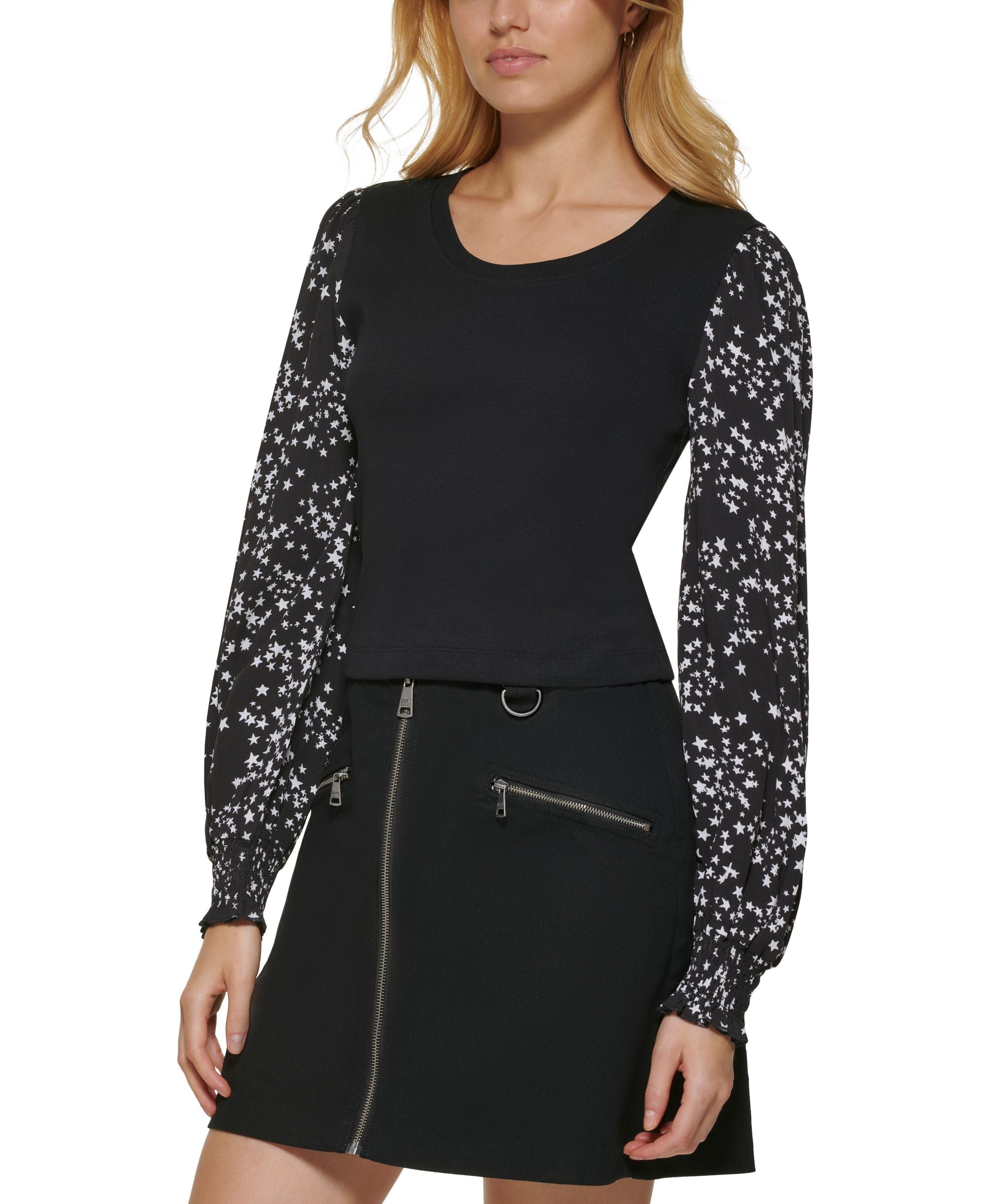 Women's Mixed-Media Printed-Long-Sleeve Top