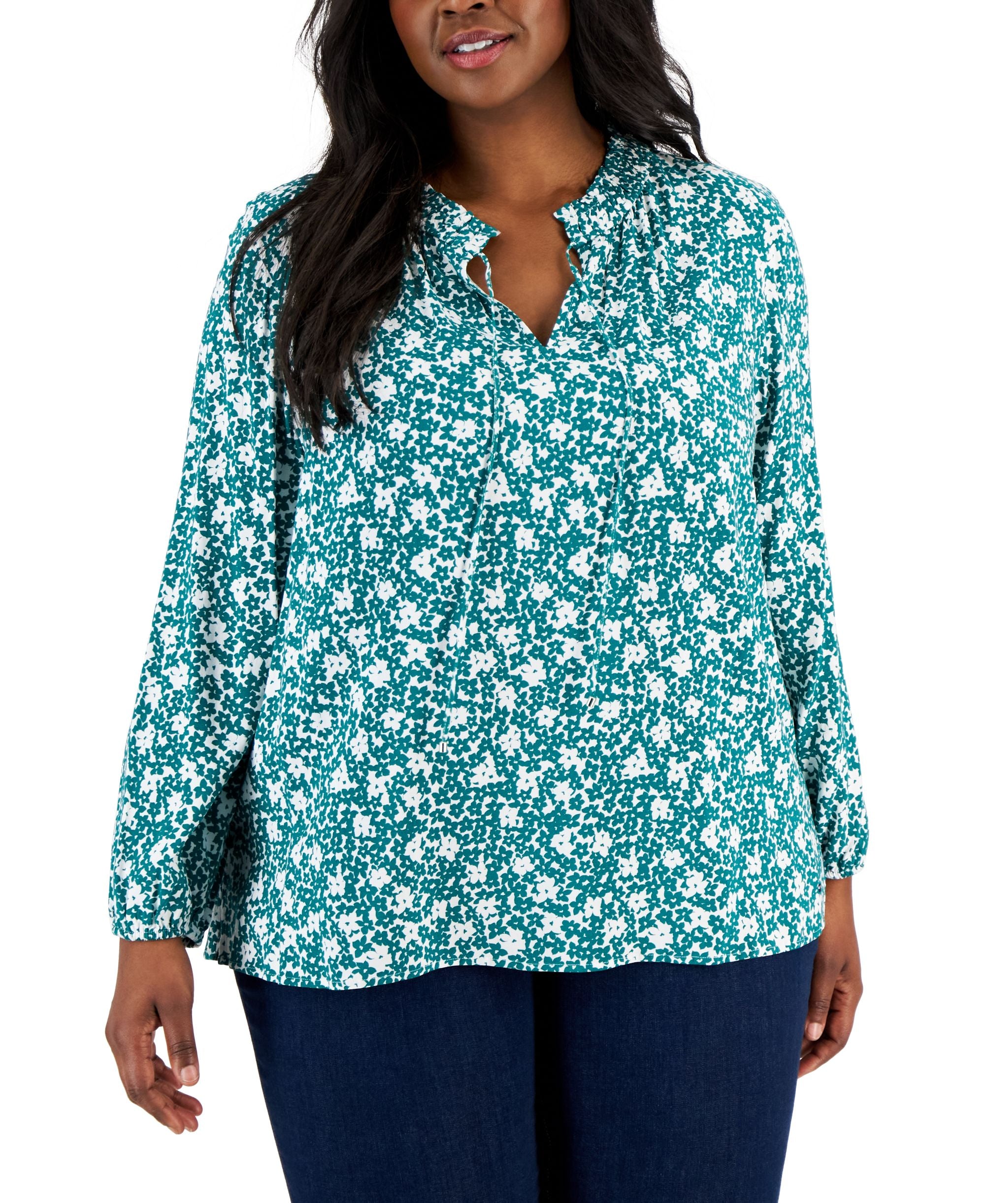 Plus Size Ruffled Tie-Neck Floral Peasant Top