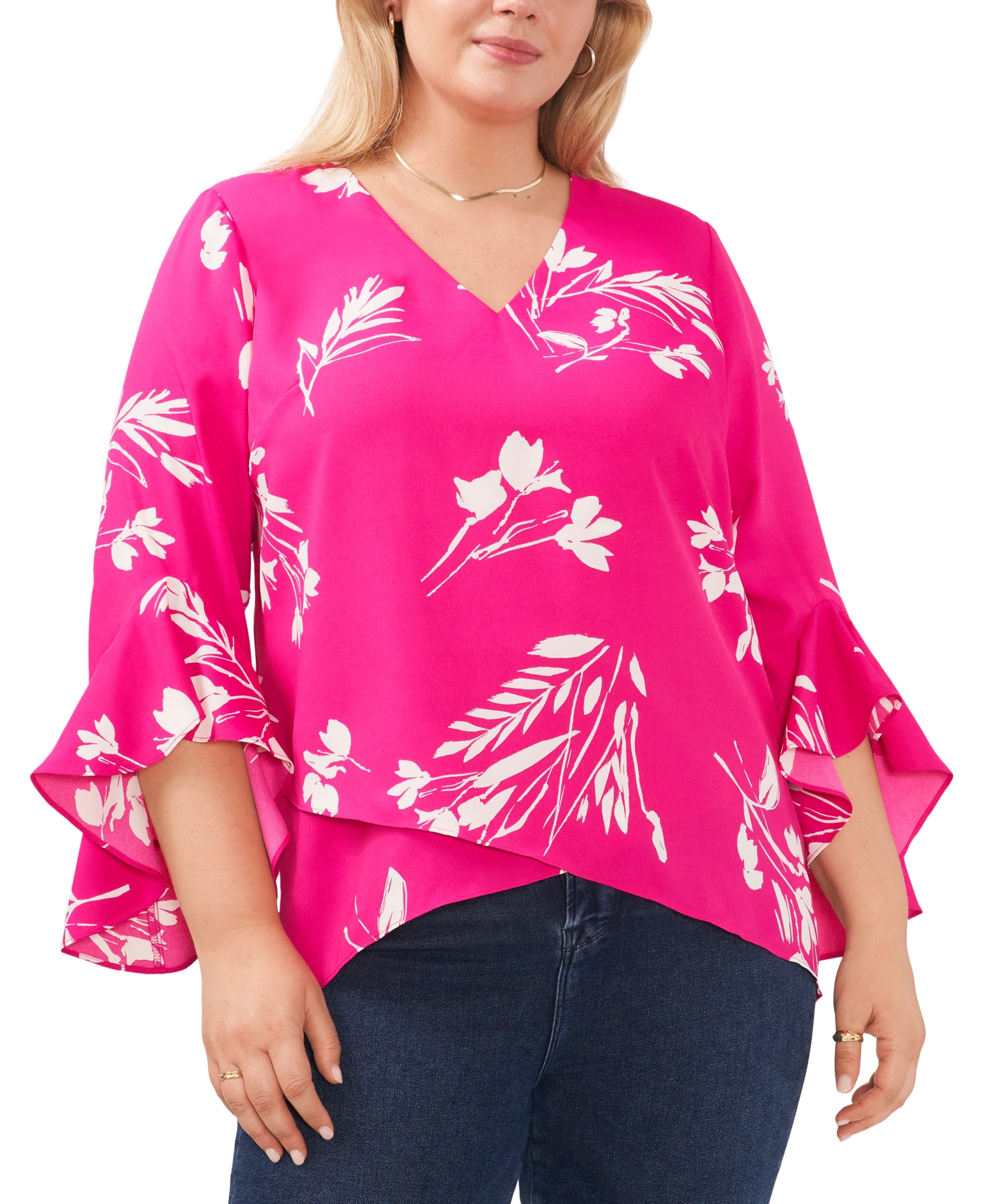Plus Size Flutter Sleeve Floral Whisps V-Neck Tunic