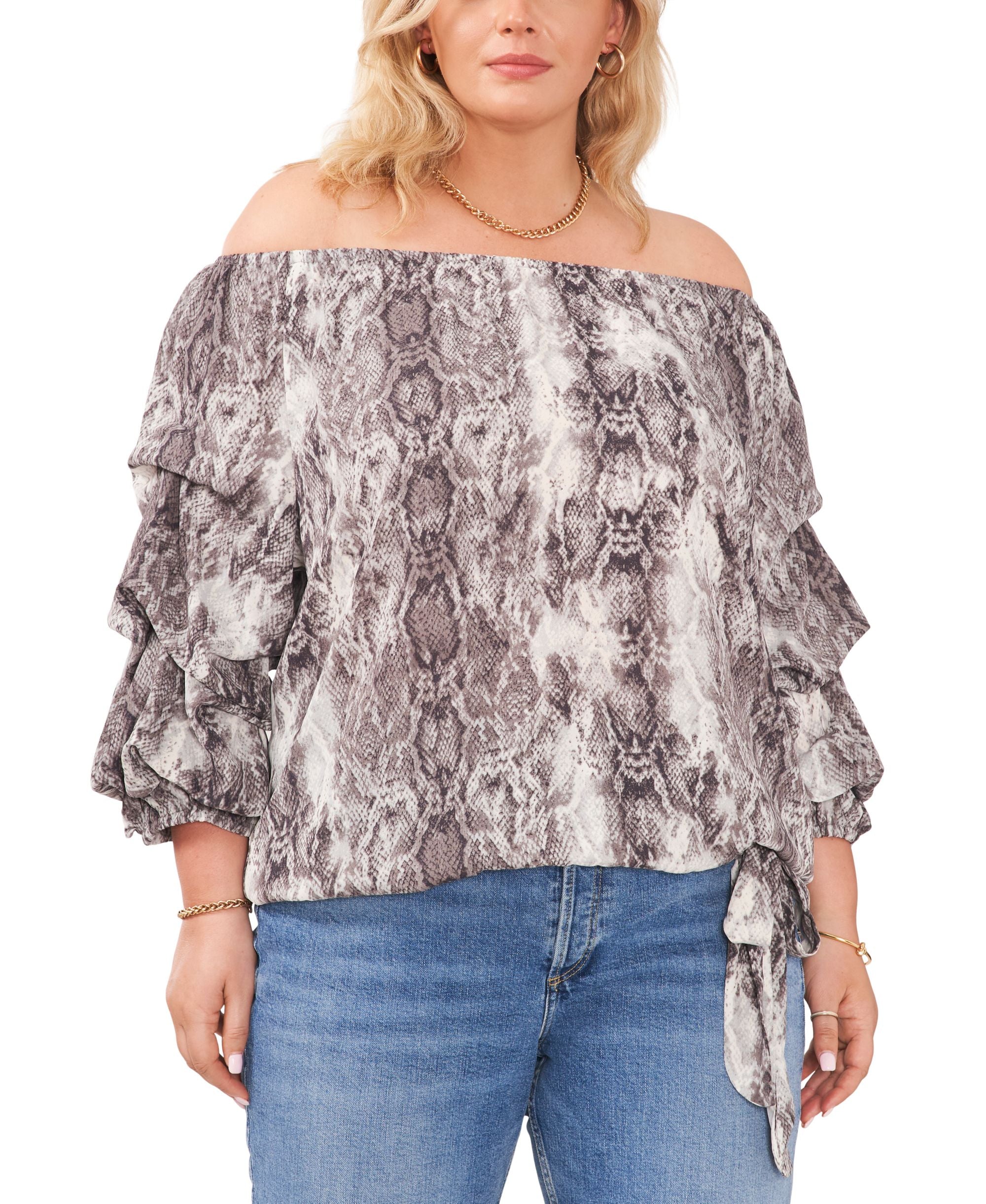 Plus Size Snakeskin-Print Off-The-Shoulder Bubble-Sleeve Top