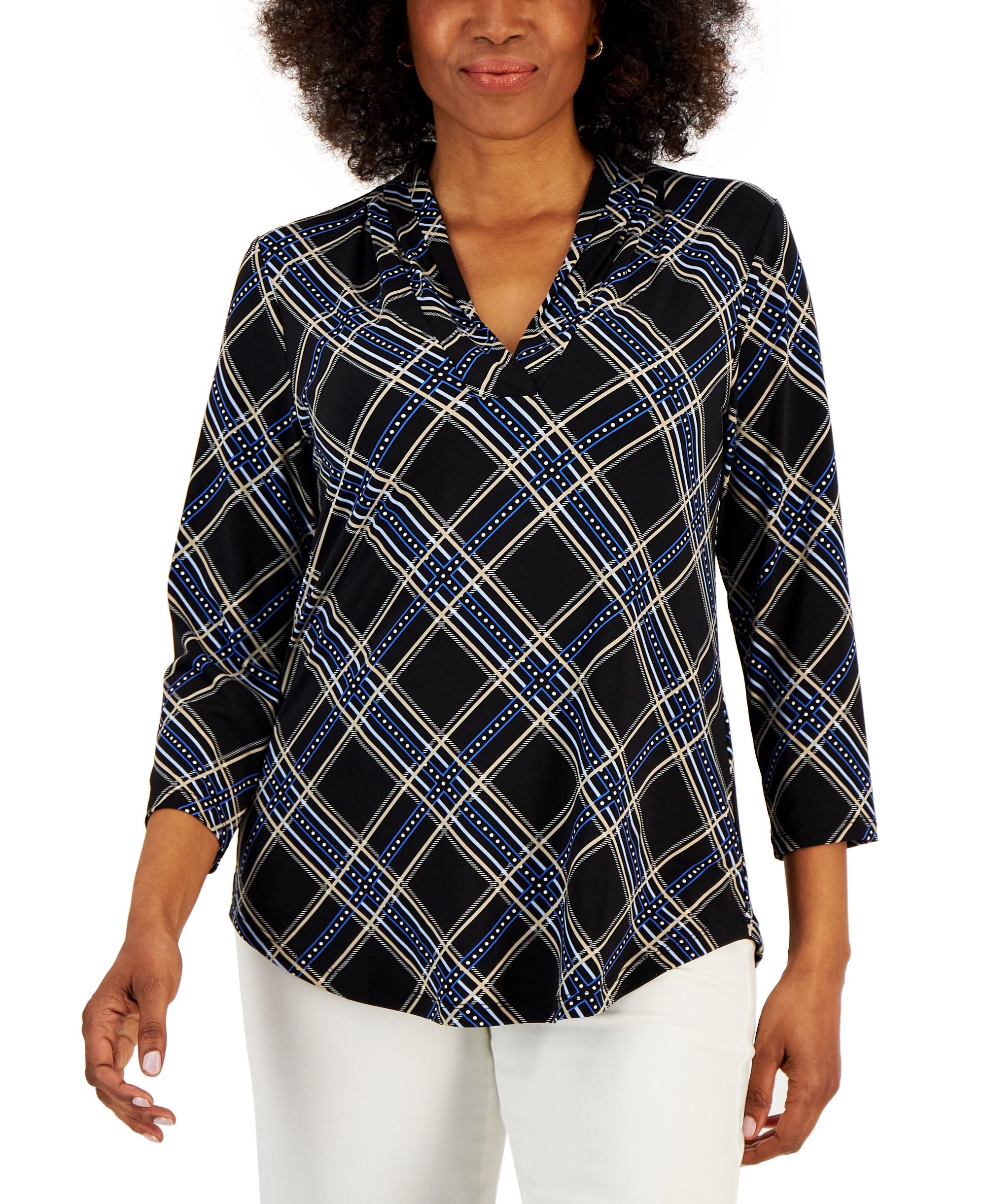 Charter Club Petite Gathered V Neck 3/4 Sleeve Top