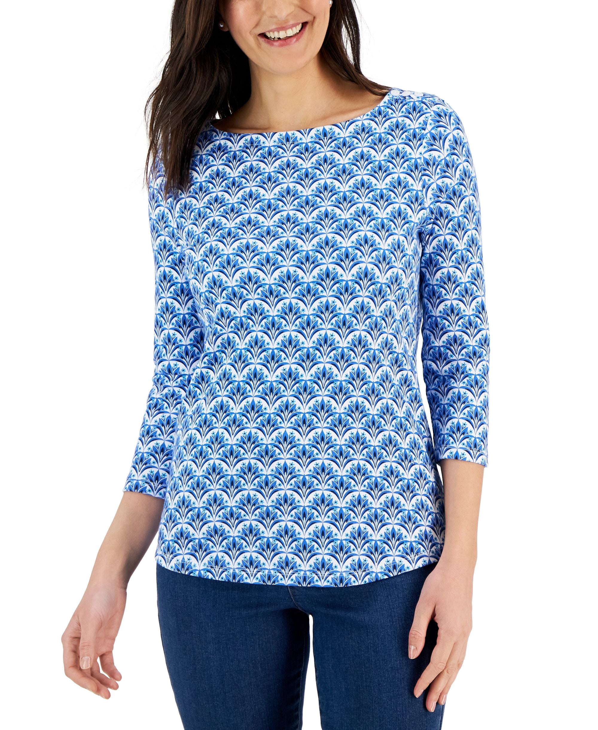 Petite Cotton3/4 Sleeve Leona Fans Boatneck Top