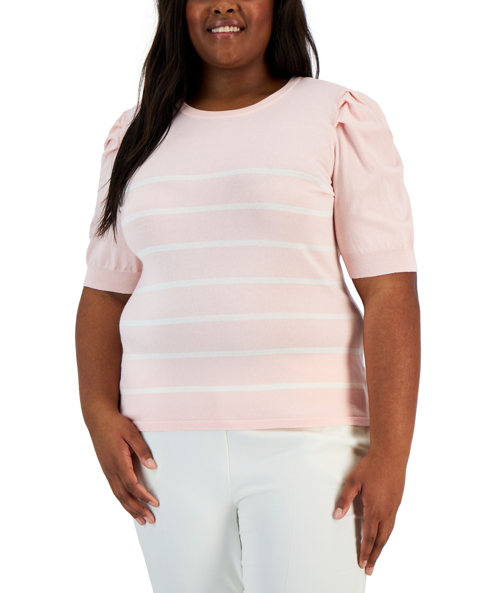 Plus Size Striped Puff-Sleeve Crewneck Top