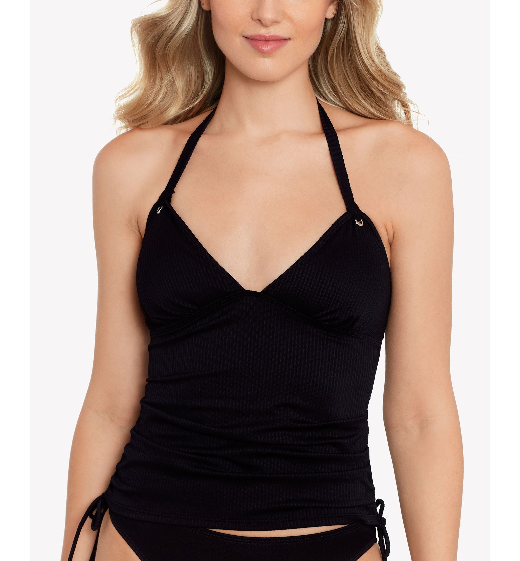 Juniors' Ribbed Shirred Halter Tankini Top