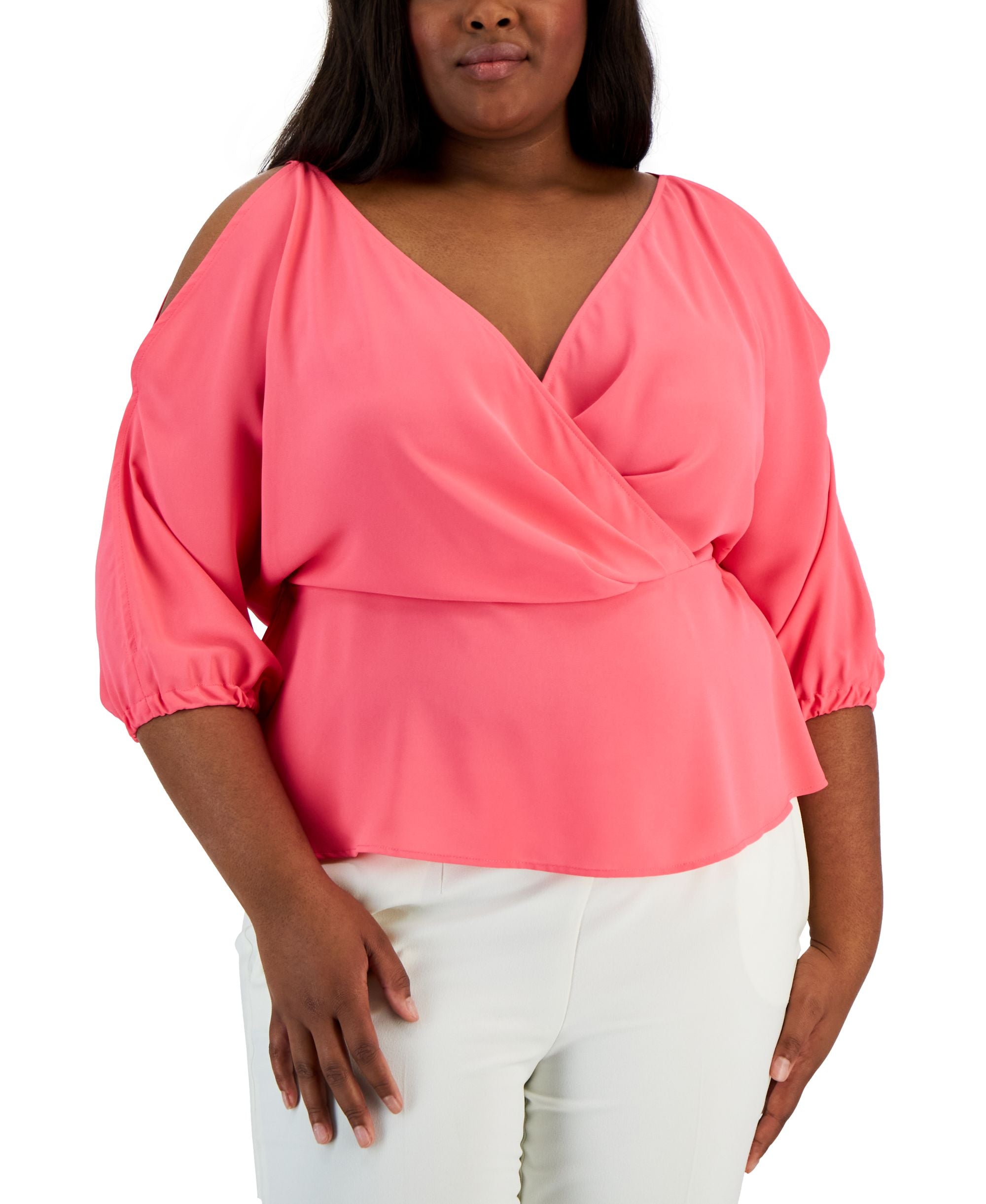 Plus Size Cold-Shoulder Crossover Peplum Blouse