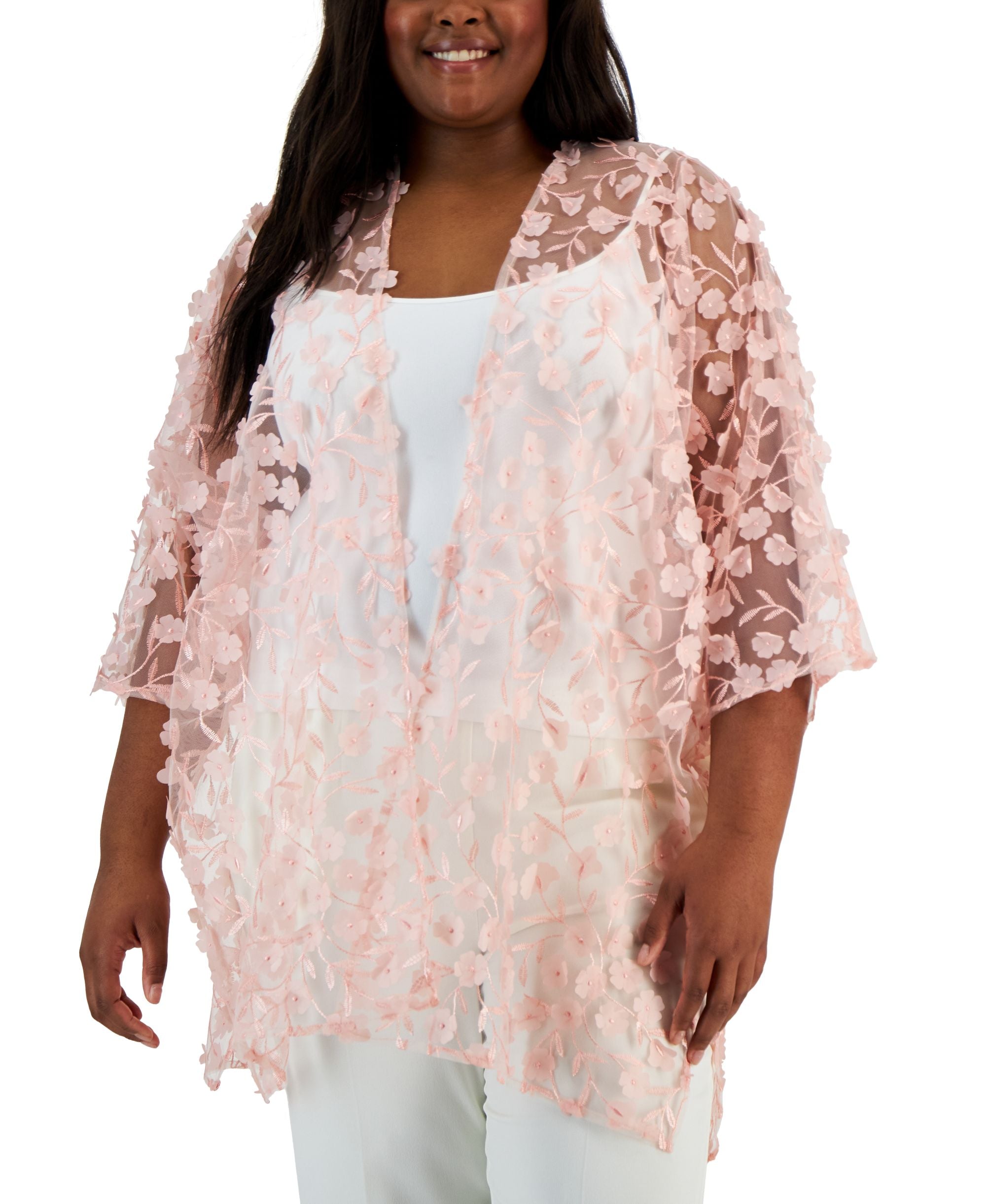 Plus Size Oversized Floral-Applique Side-Slit Sheer Cardigan Top