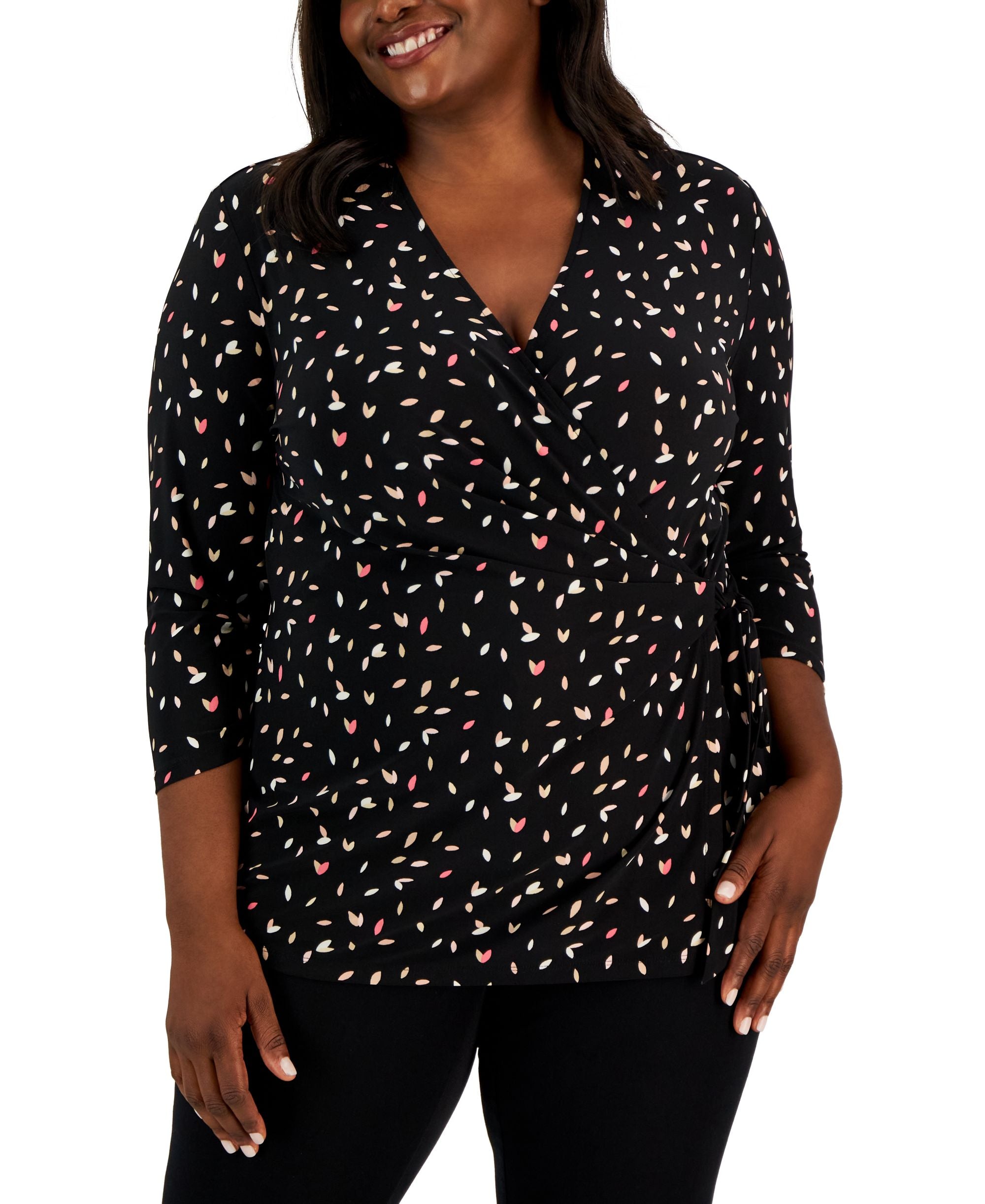 Plus Size Printed 3/4-Sleeve Wrap Top