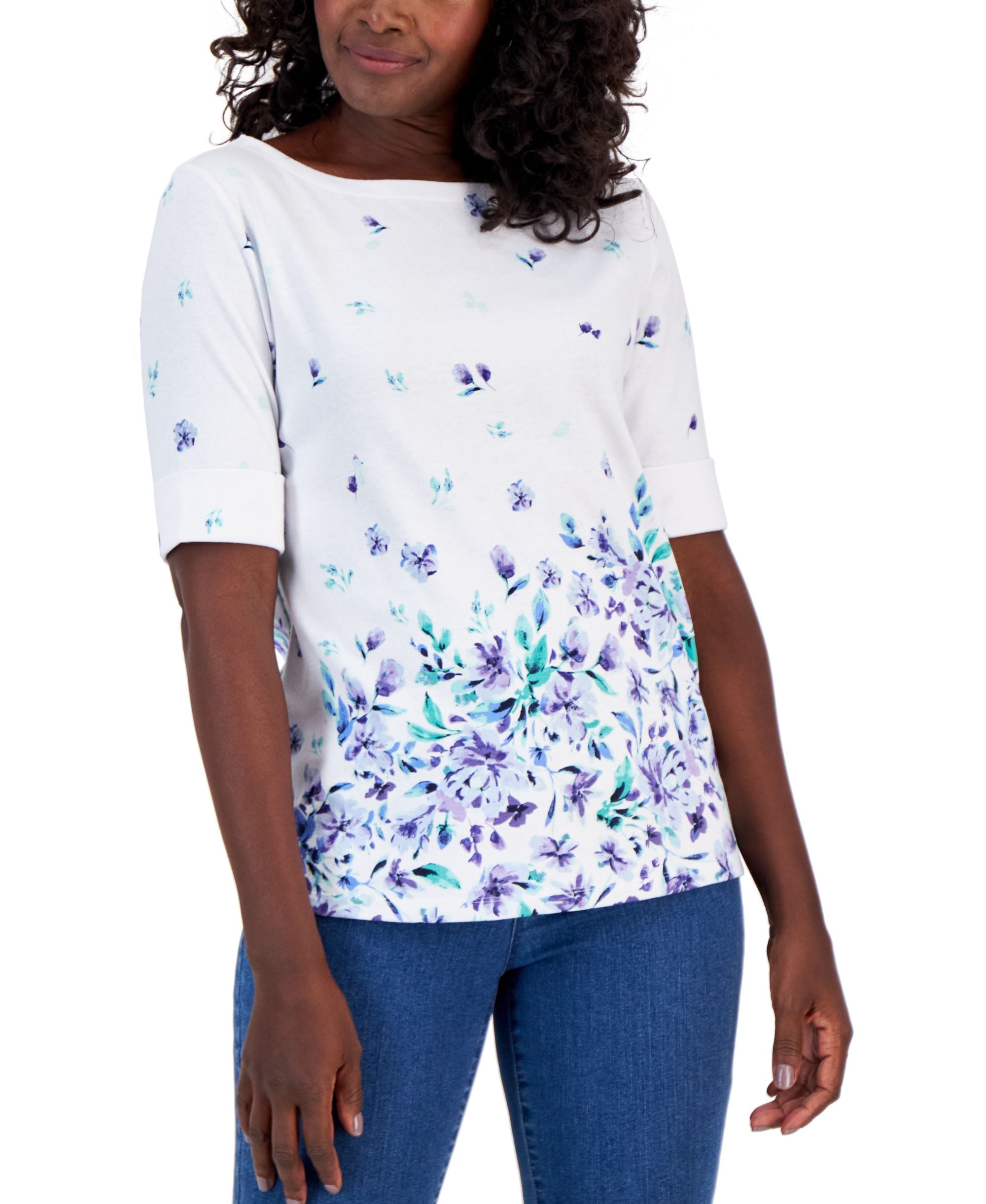 Karen Scott Petite Floral Print Cuffed Boat Neck Top