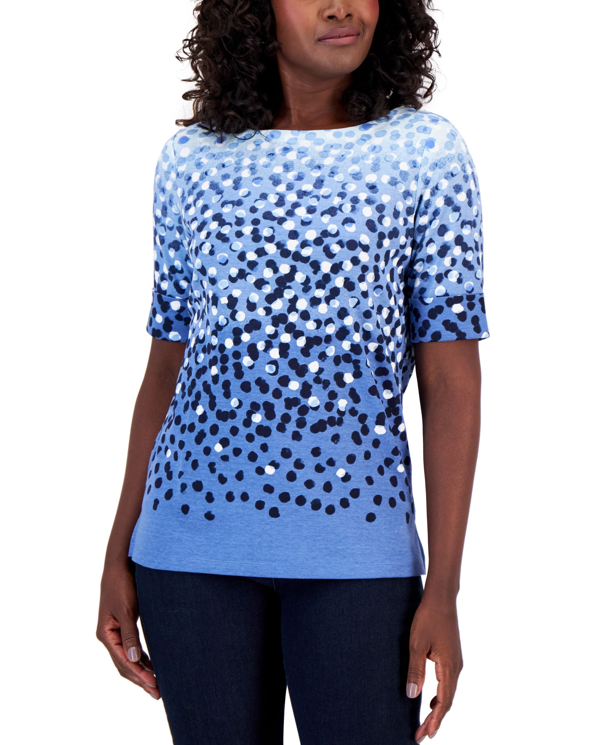 Petite Elbow Dot Parade Placement Boatneck Top