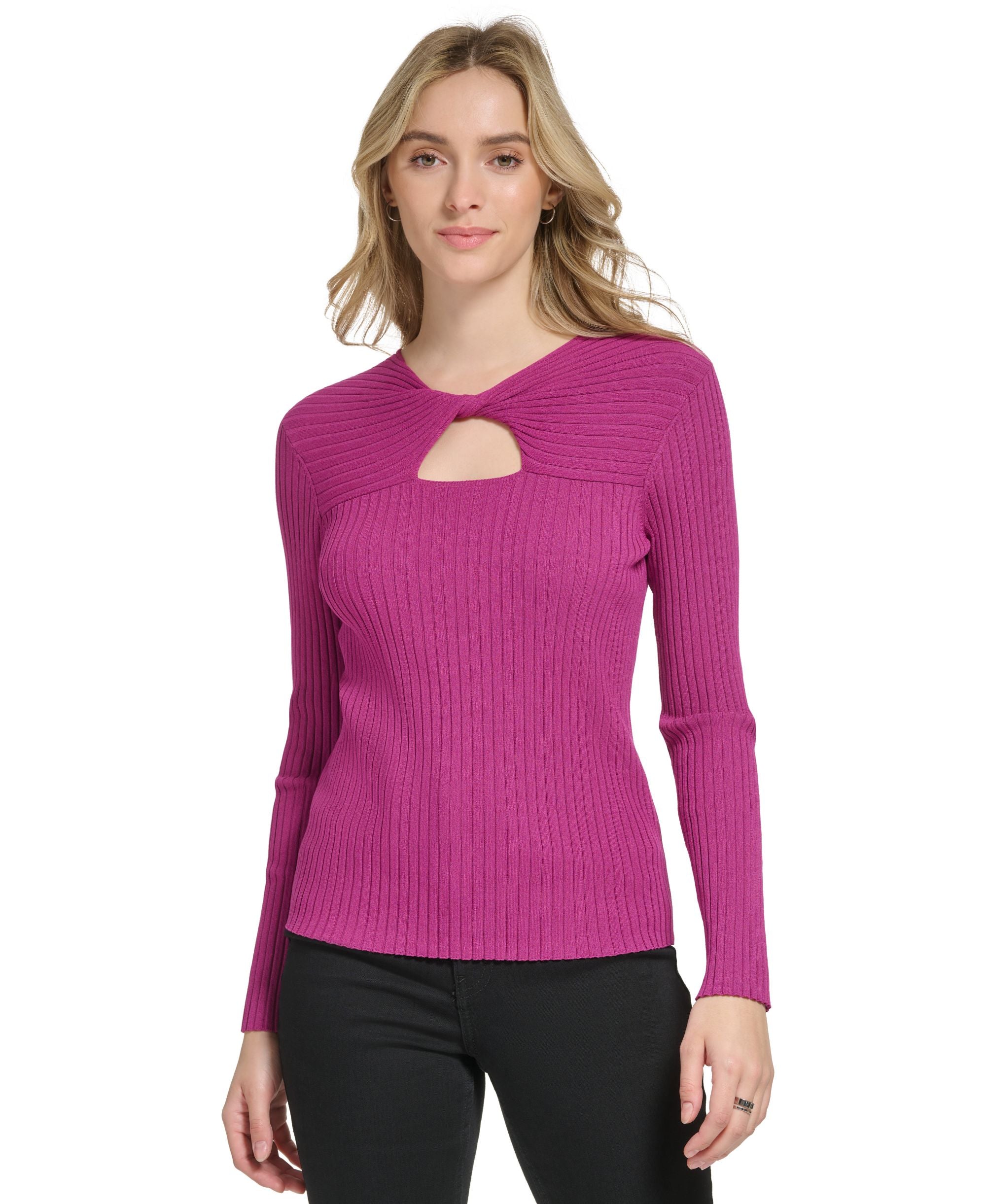 Women's Long Sleeve Ribbed Keyhole Sweater