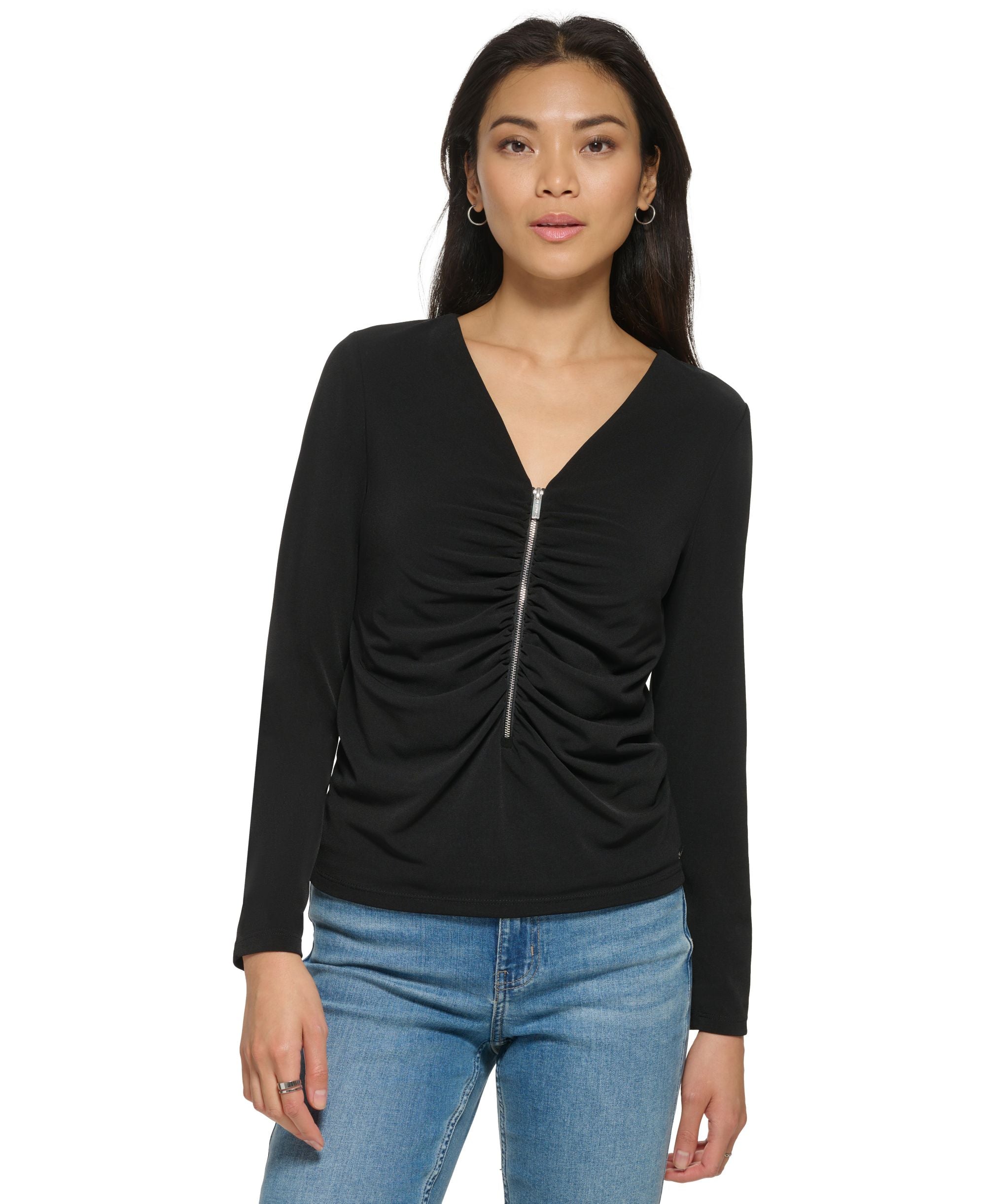 Women's V-Neck Zip-Front Ruched Blouse