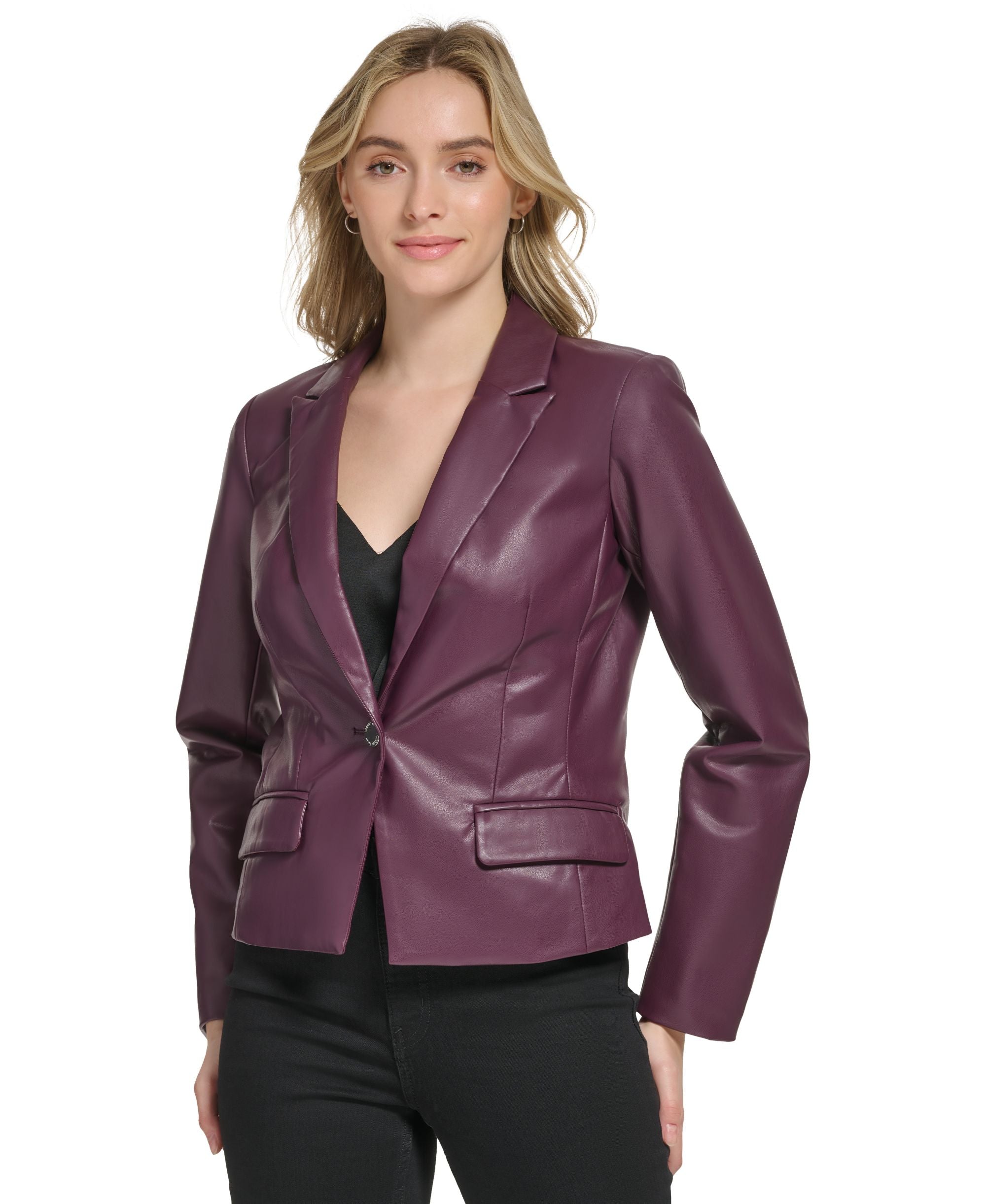 Cropped Faux Leather Button Front Blazer