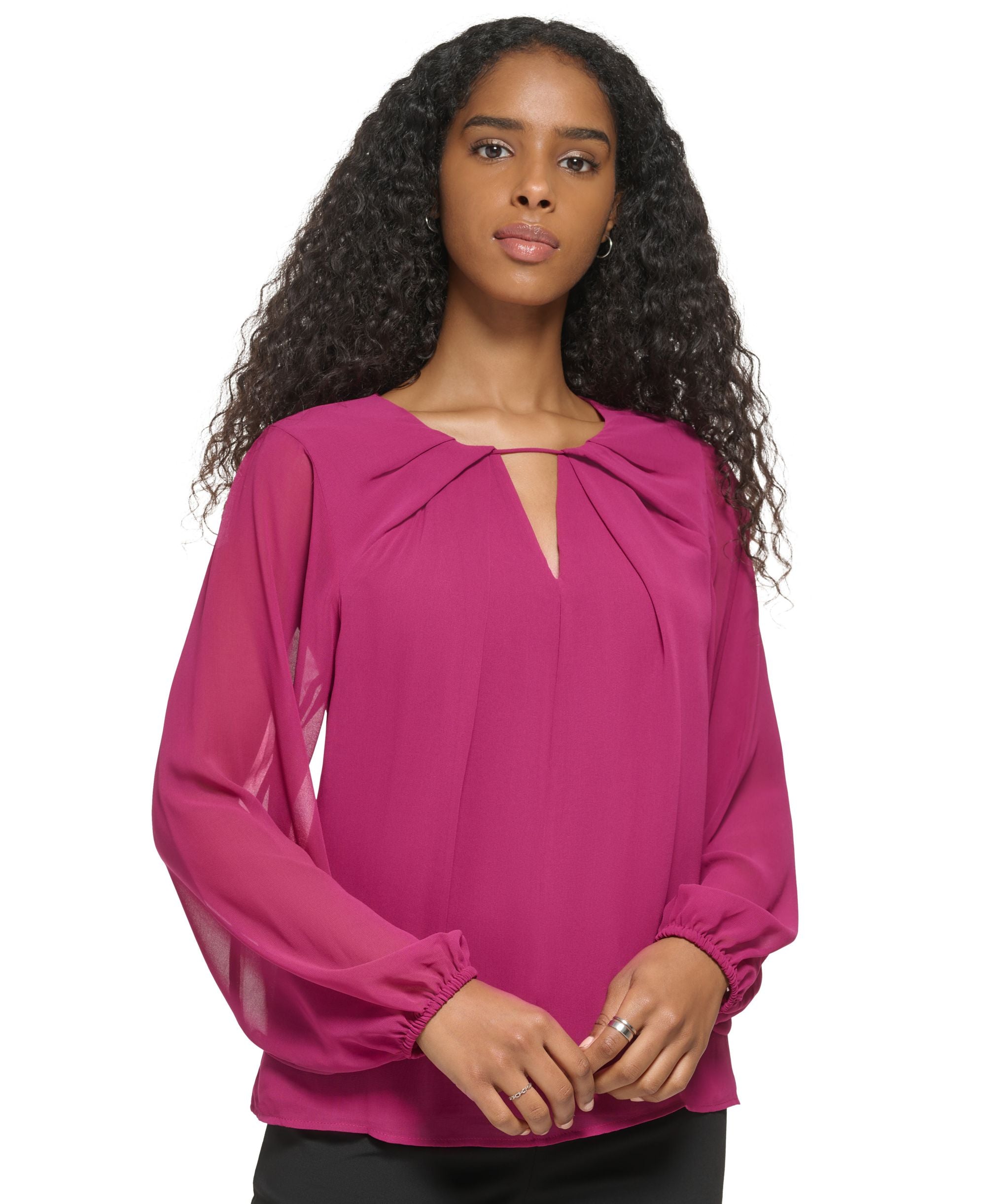 Women's Long Sleeve Keyhole Neck Chiffon Blouse