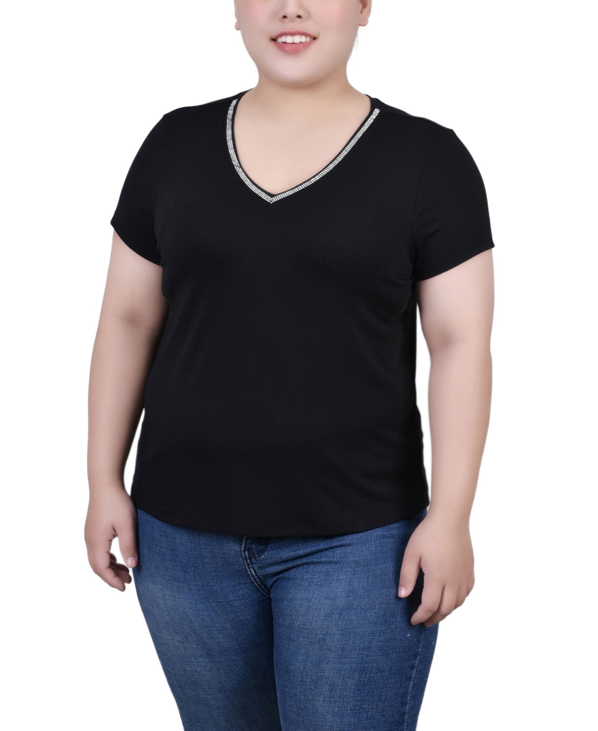 NY Collection Plus Size Short Sleeve T-shirt with Stone Details