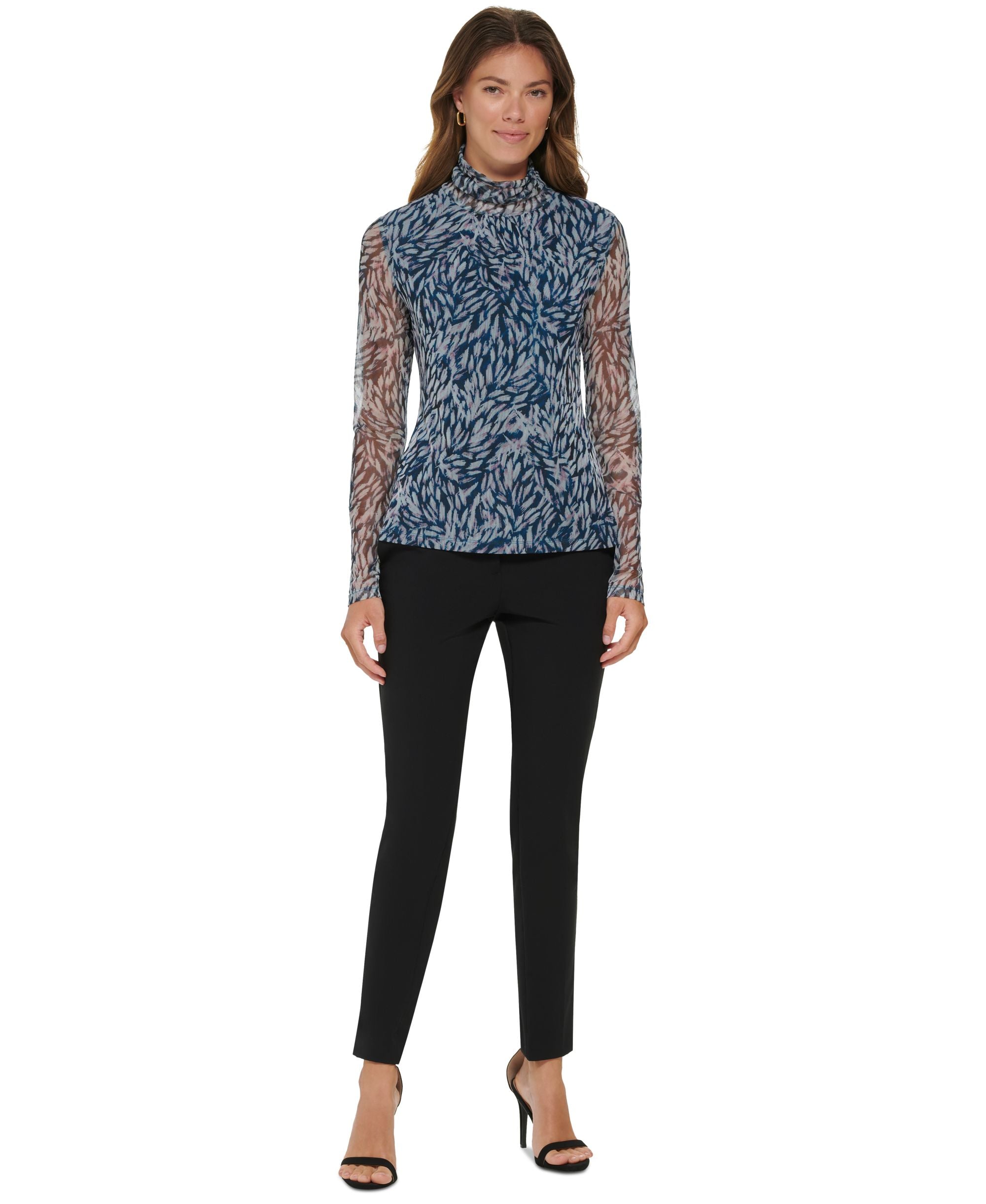 Women's Printed Mock Turtleneck Mesh Sleeve Top