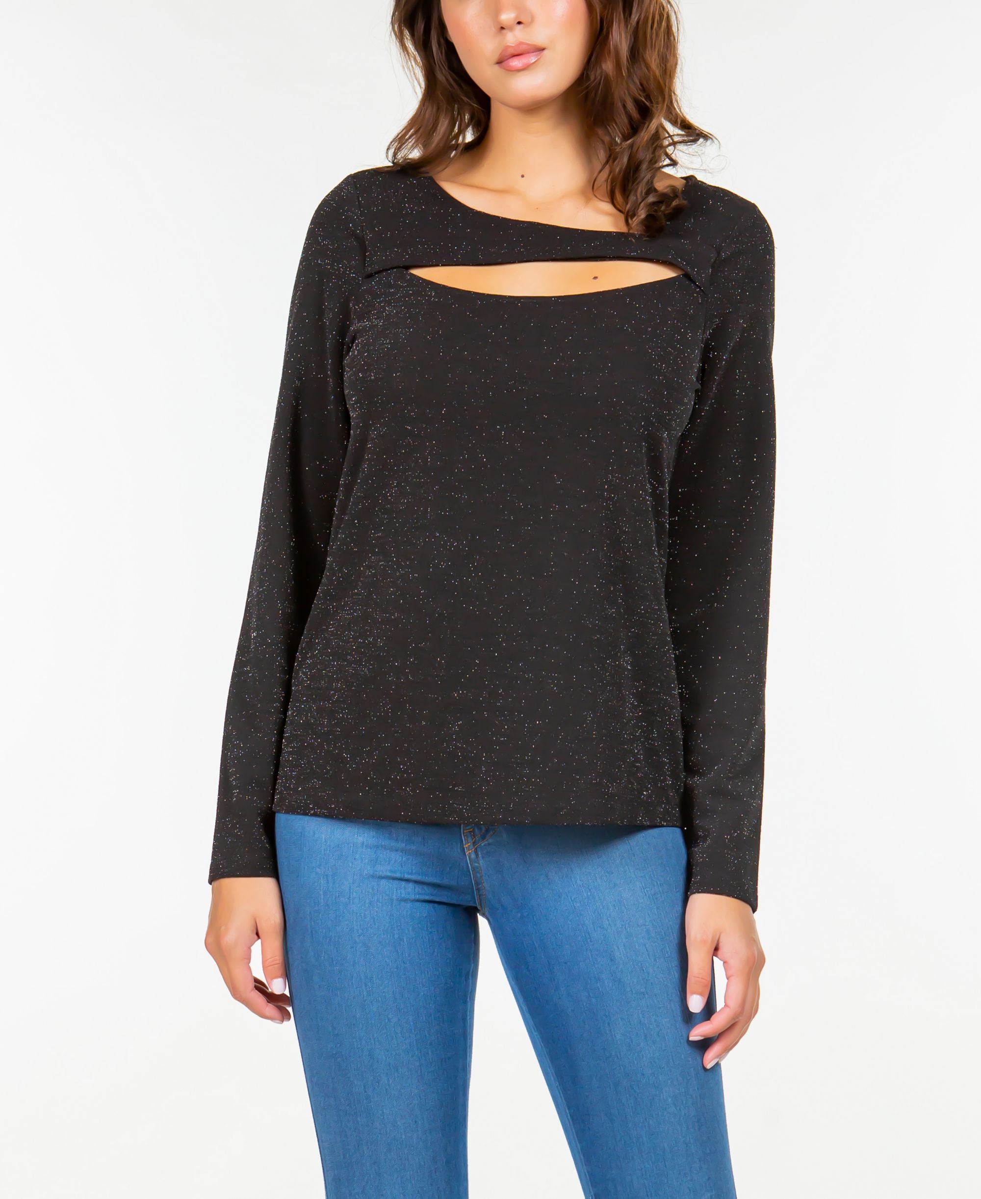 Women's Lurex Knit Long Sleeve Cut Out Top