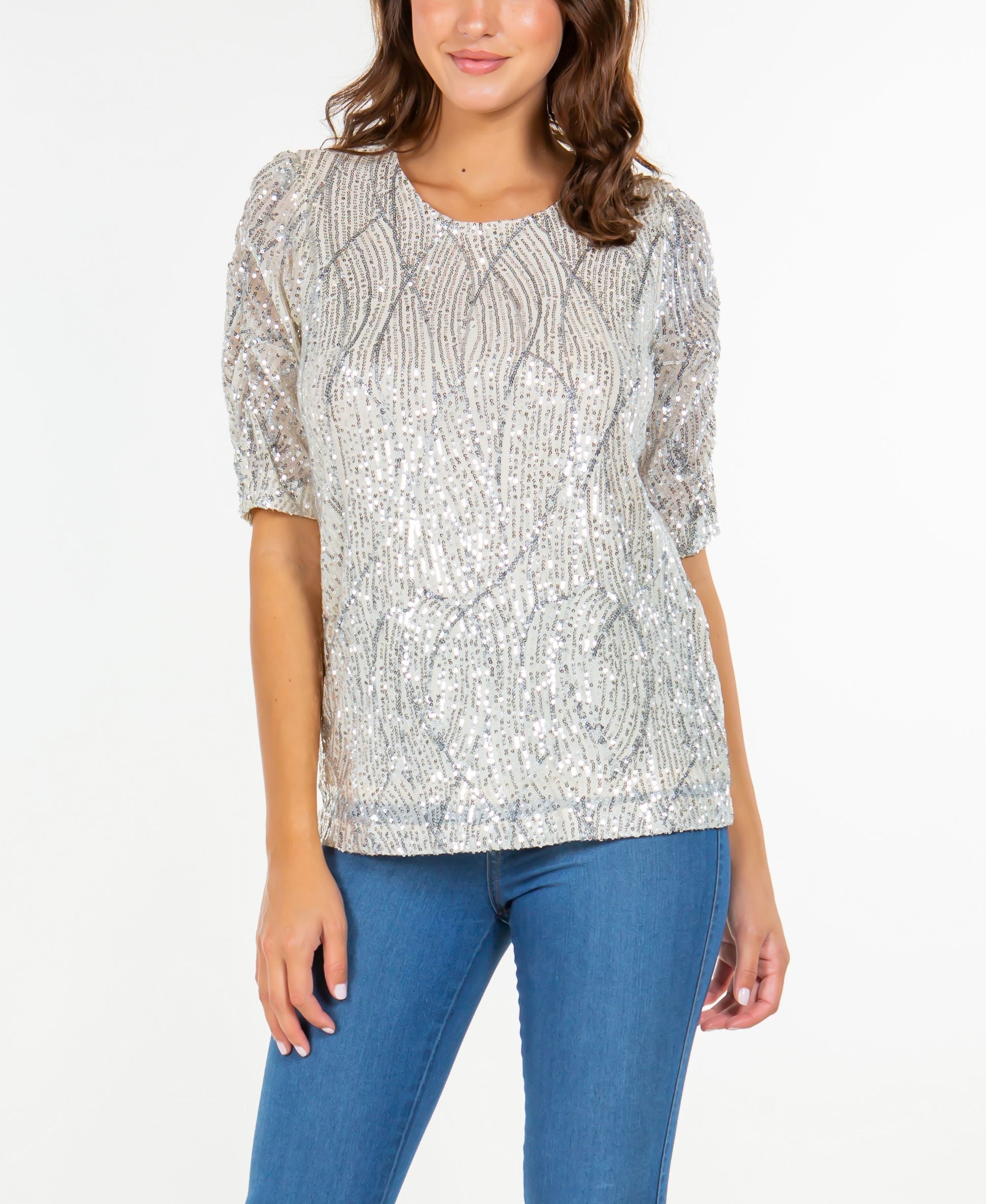 Fever Womens Rouched Short Sleeve Sequin Top