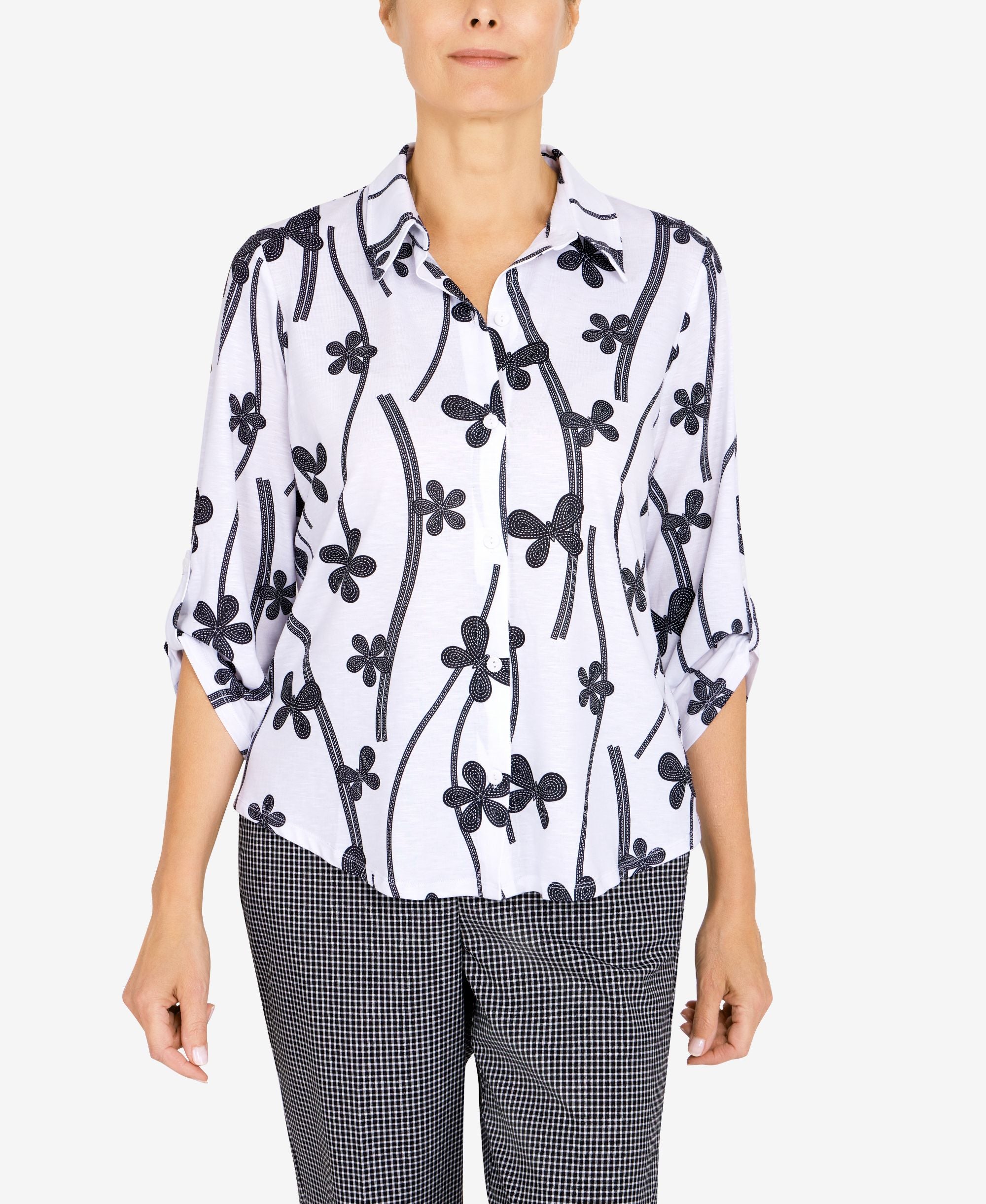 Petite Checking in Abstract Floral Button Down Shirt