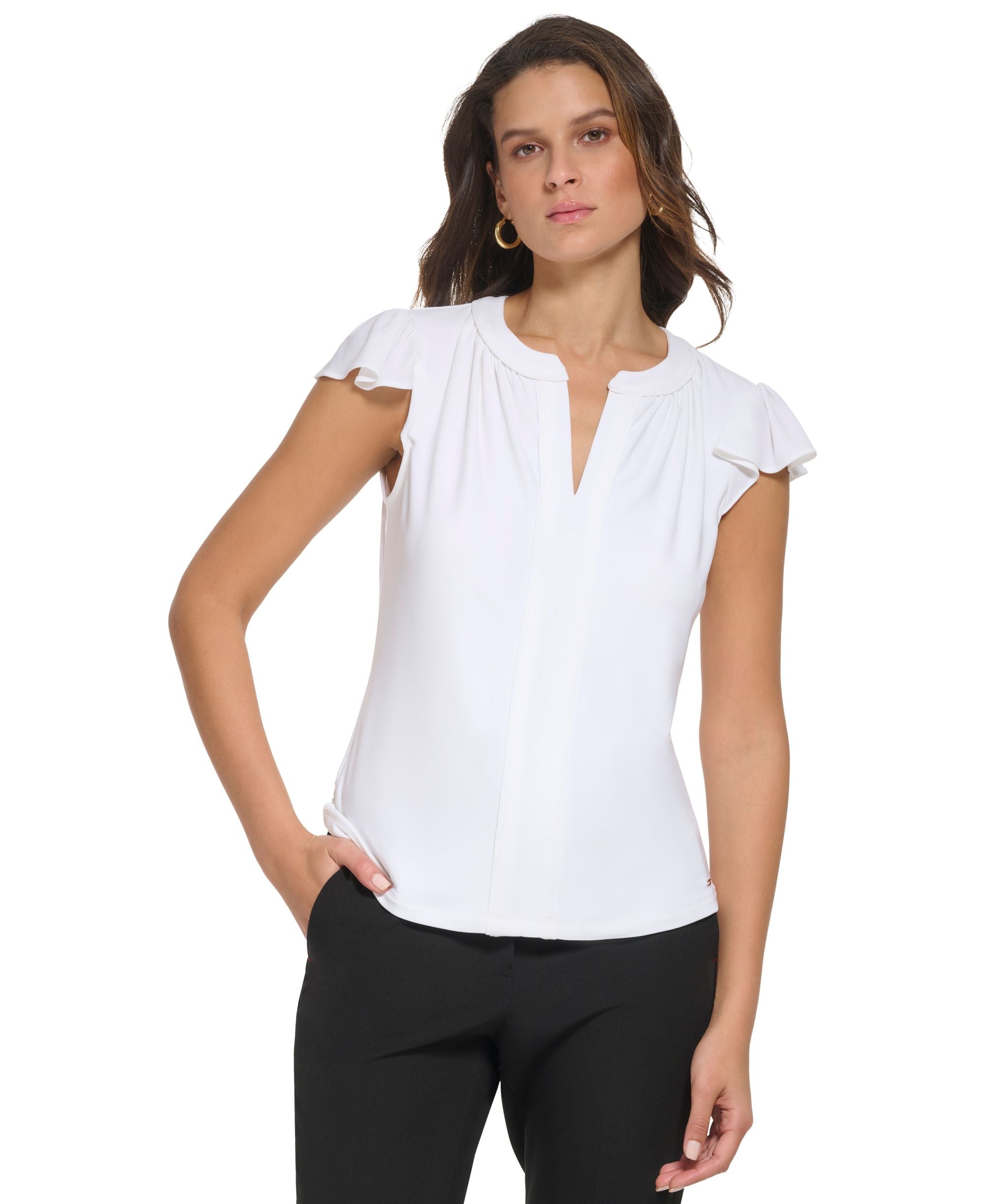 Women's Split-Neck Ruffle Top