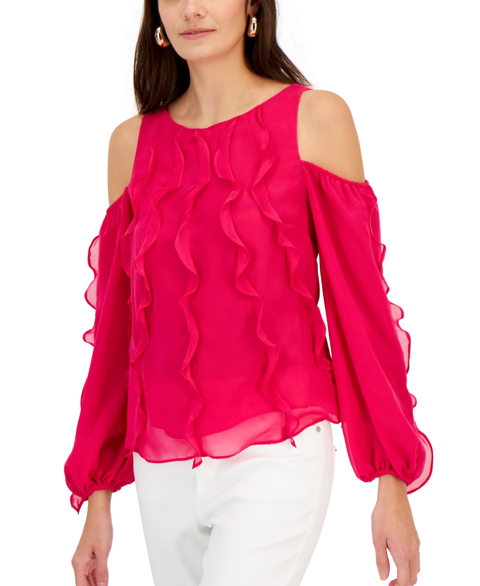Women's Ruffled Cold-Shoulder Top