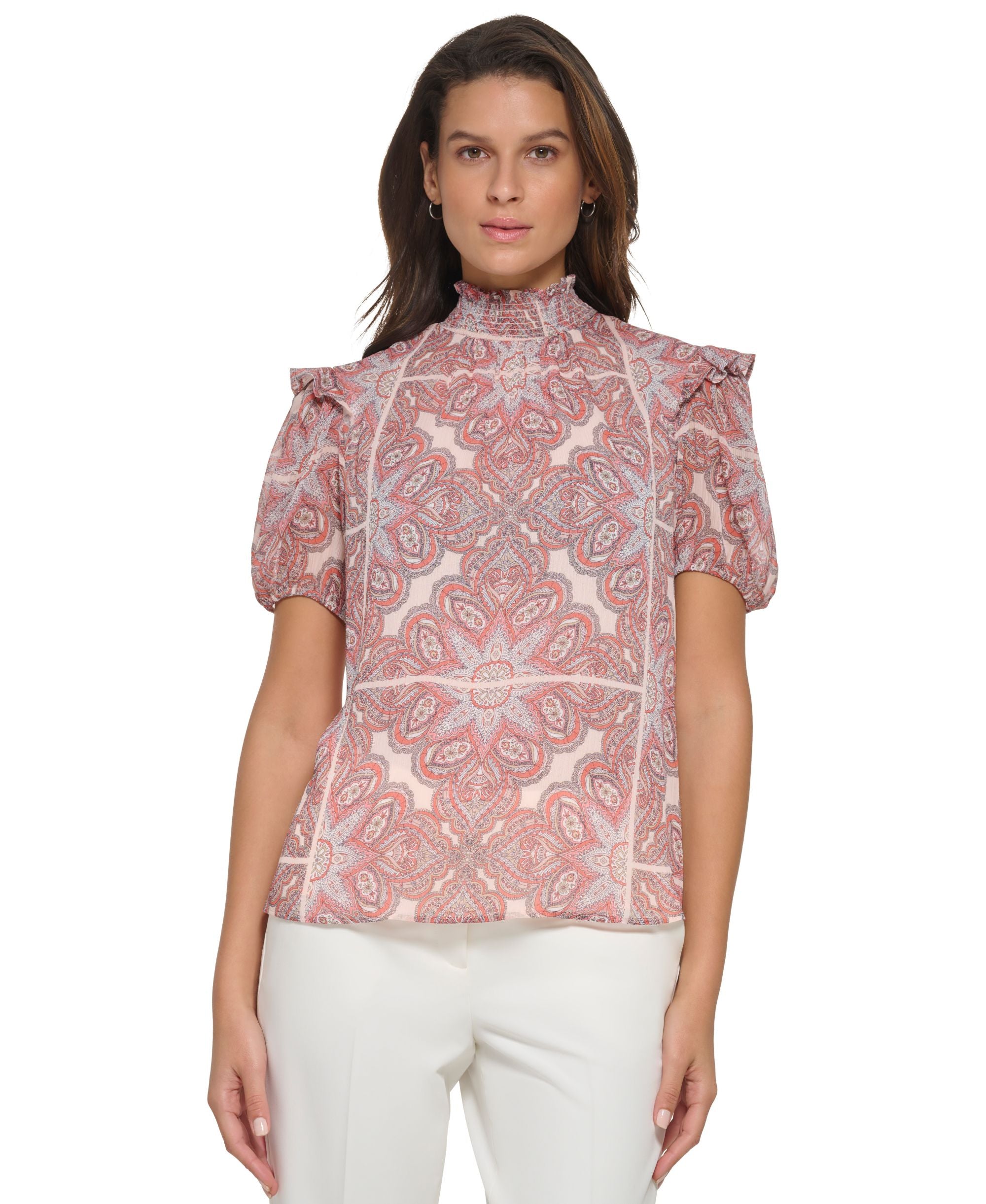 Women's Sheer-Sleeve Mock-Neck Top