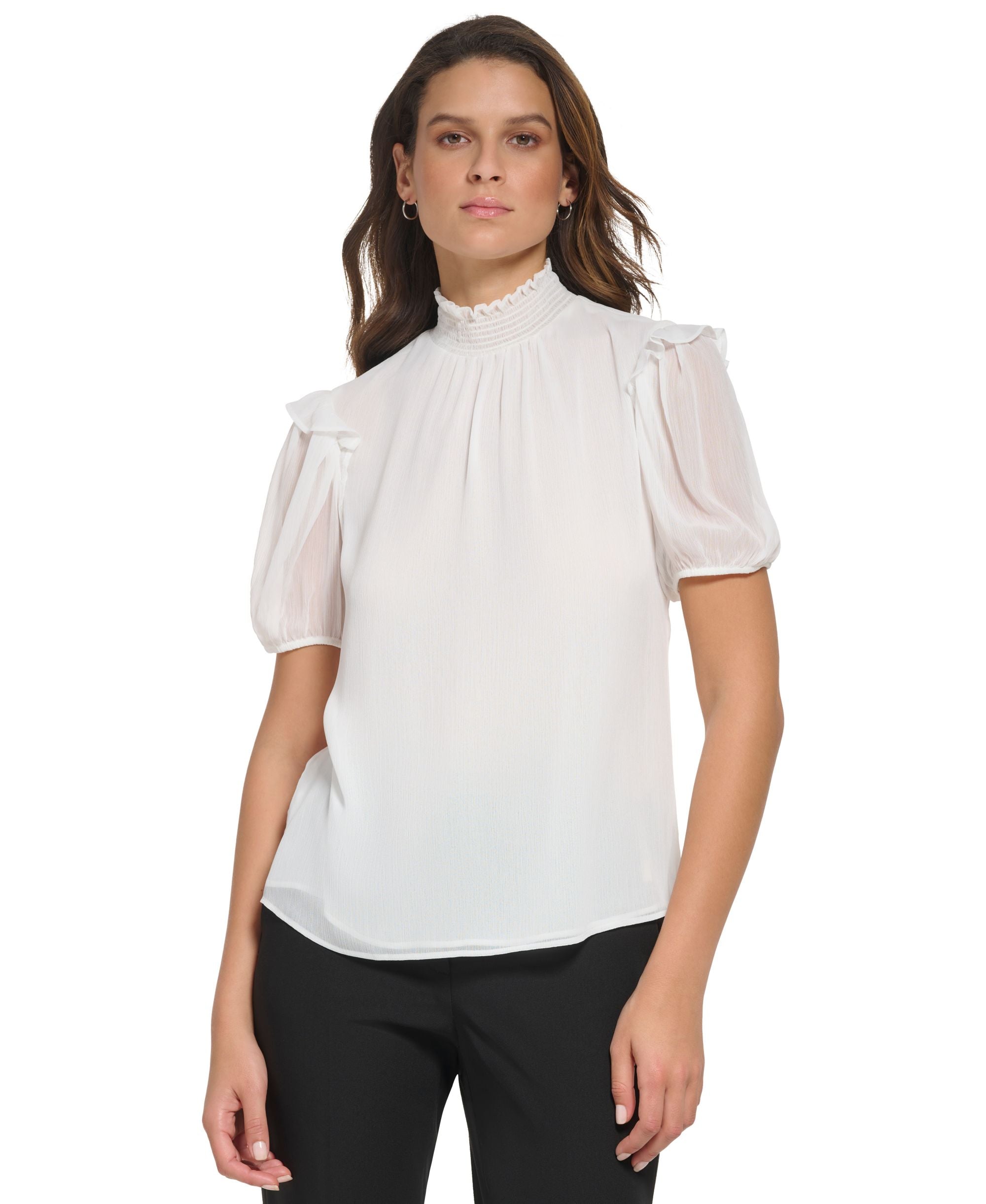 Women's Ruffled Mock Neck Puff-Sleeve Top