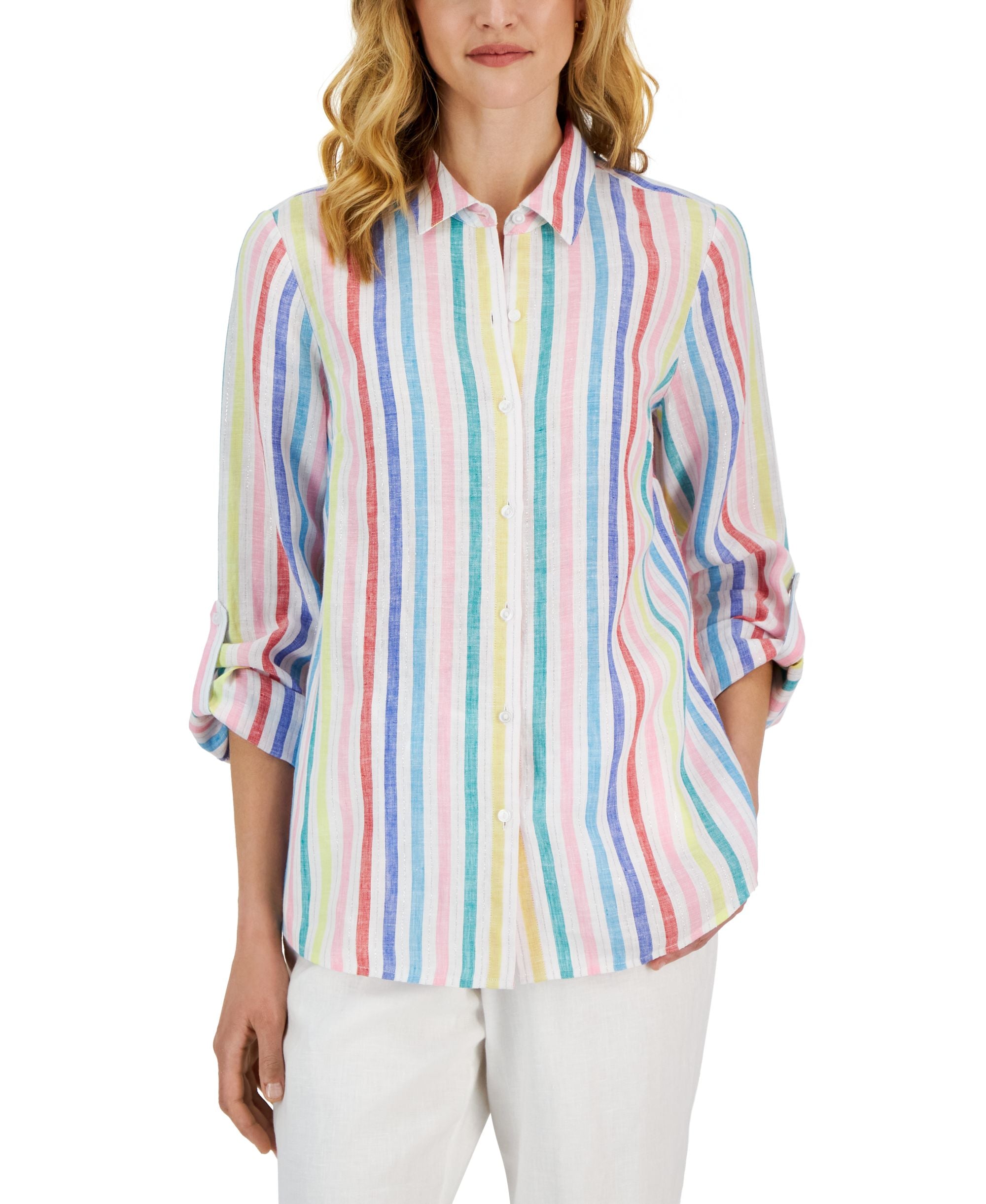 Petite Bright Stripe Roll Tab Linen Shirt