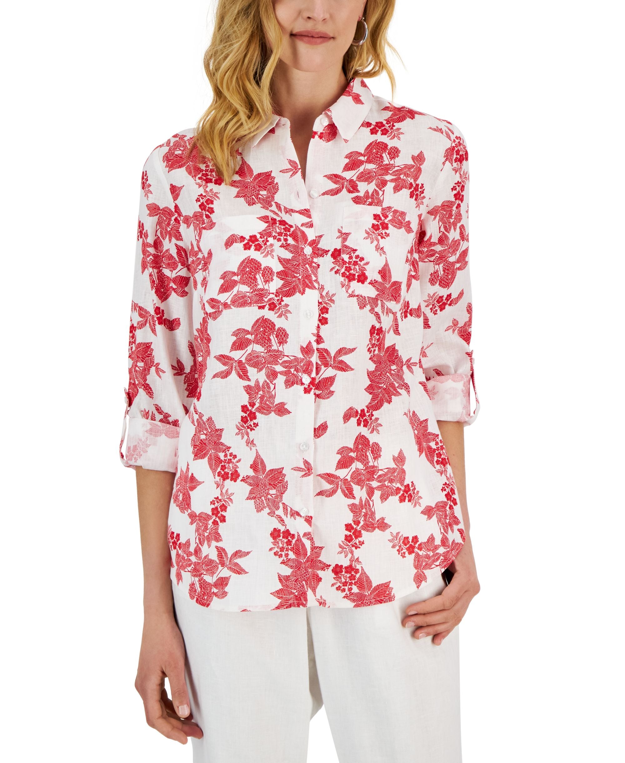 Petite Floral Linen Button Front Shirt