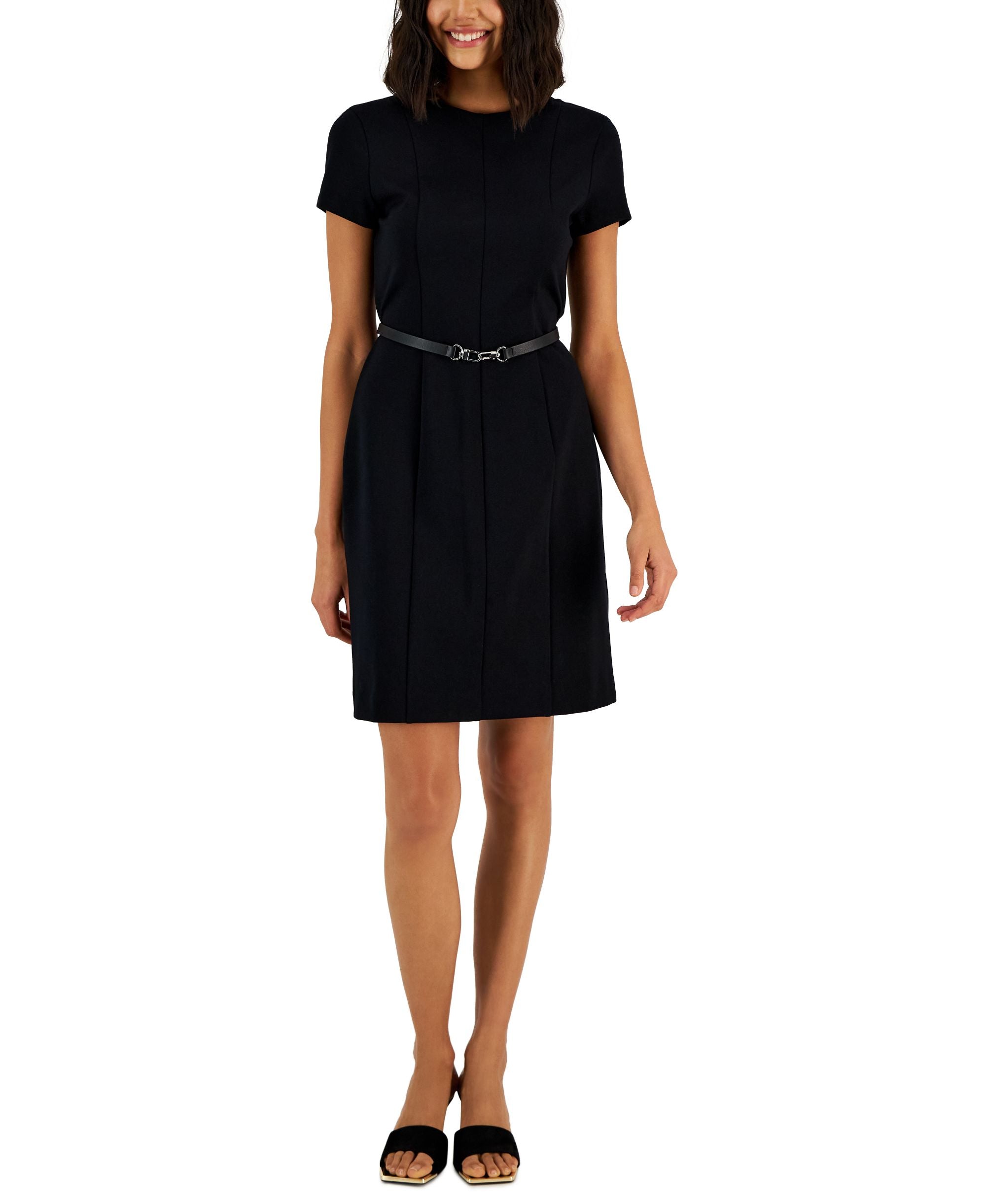 Petite Short-Sleeved Belted Dress
