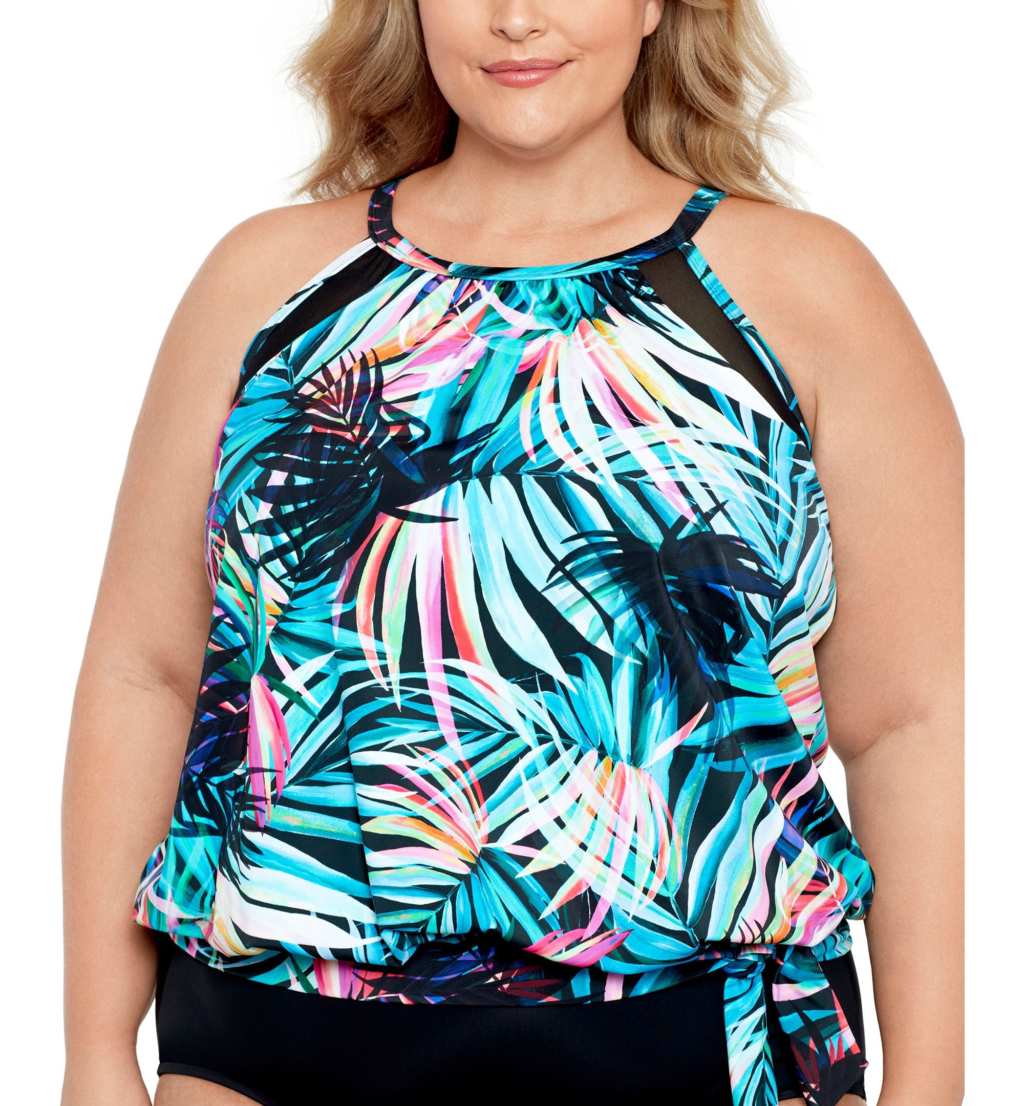 Plus Size Printed High Neck Tie-Waist Tankini Top