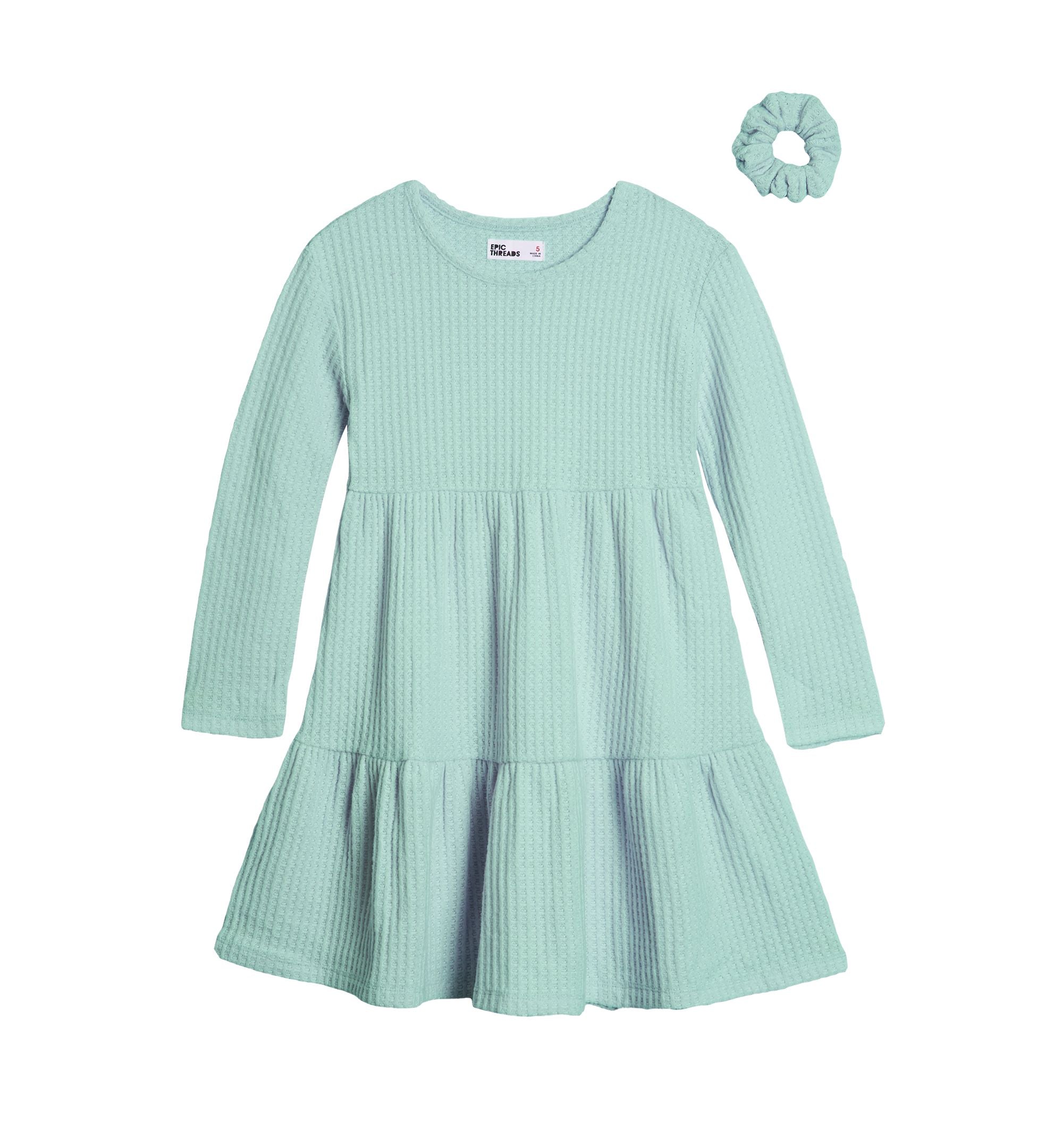Toddler Girls Waffle Tiered Dress with Scrunchie