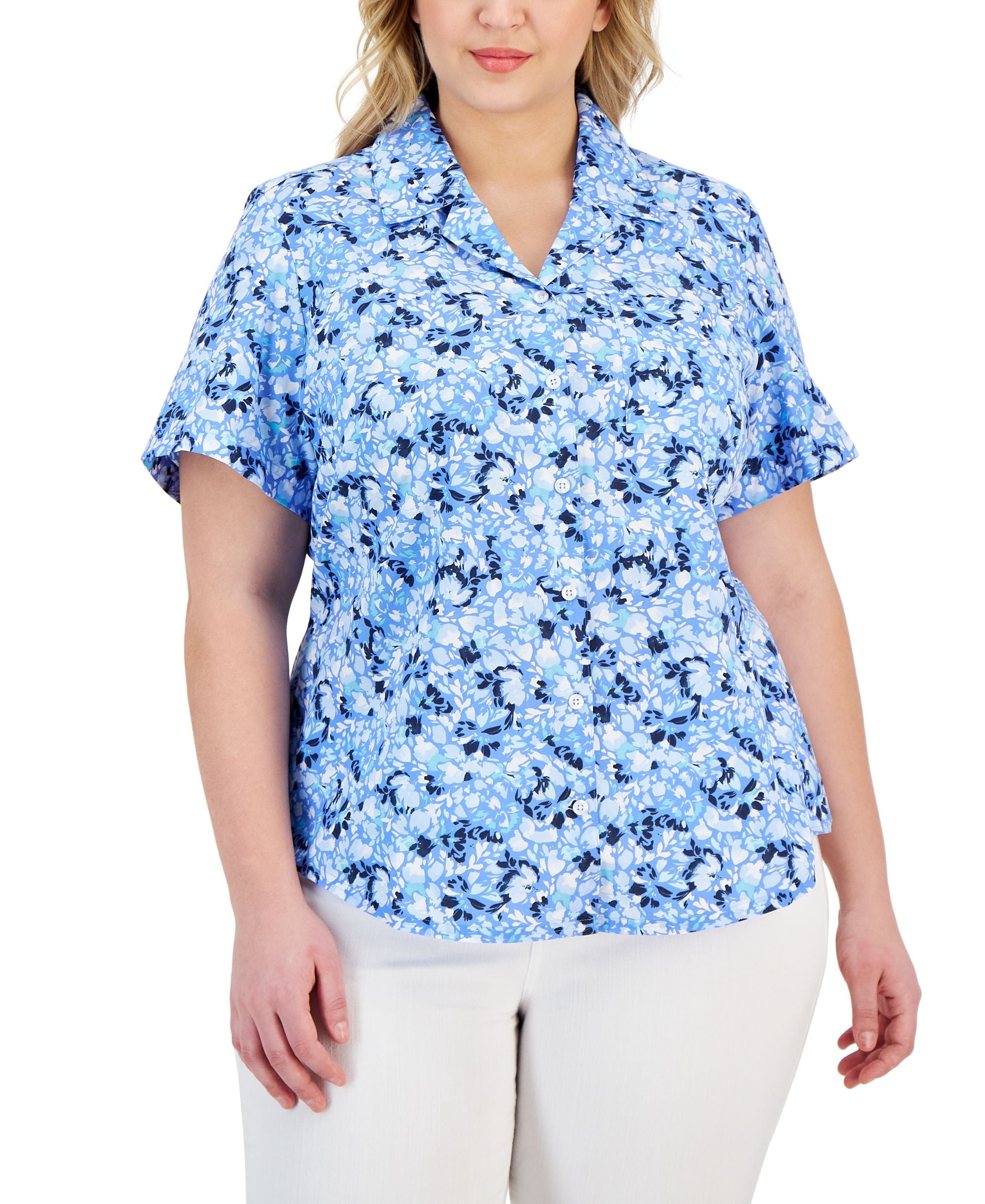 Karen Scott Plus Size Idyllic Fauna Button Front Shirt516