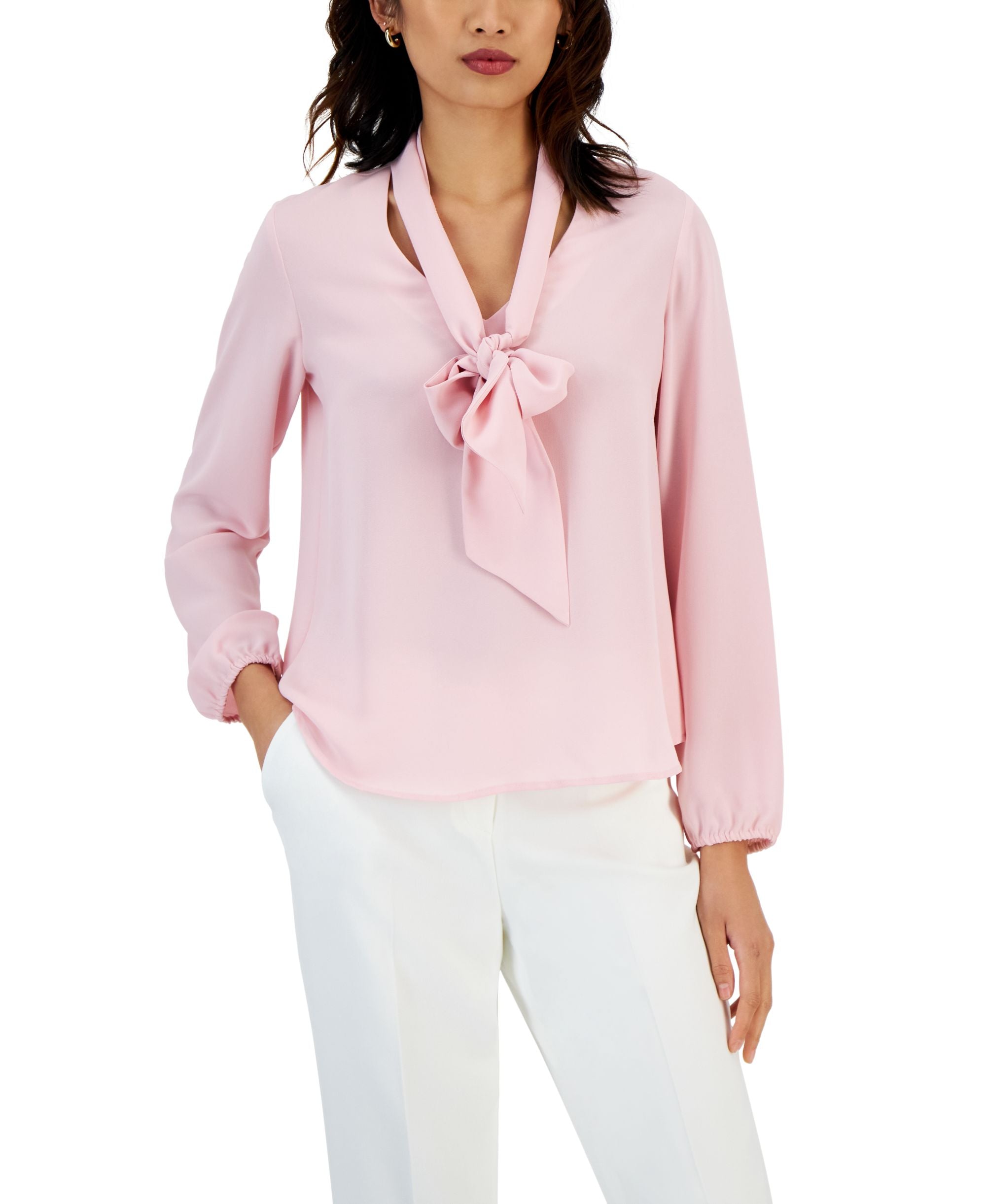 Women's Long Sleeve Bow Blouse, Regular and Petite Sizes