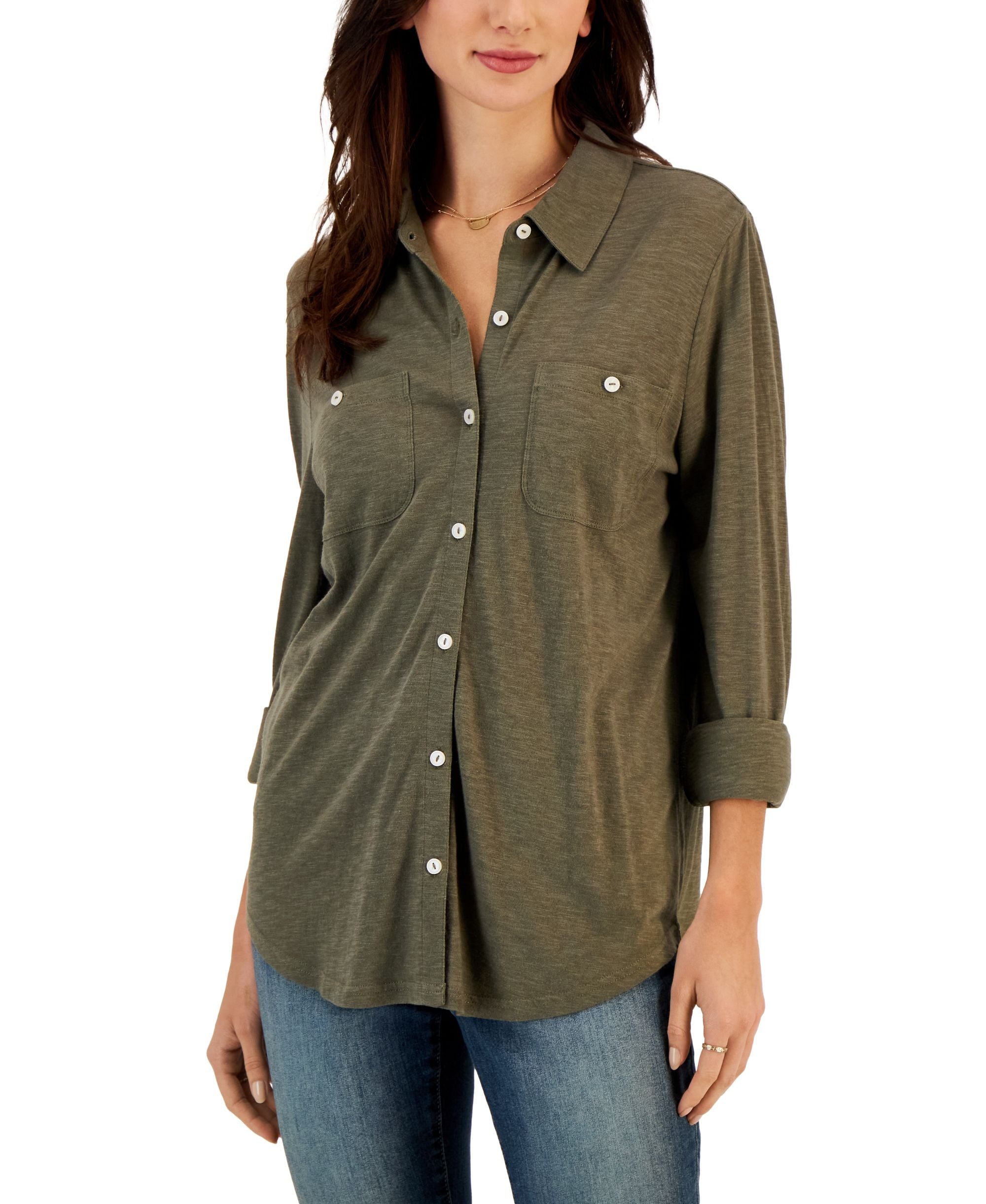Petite Button-Front Collared Knit Shirt