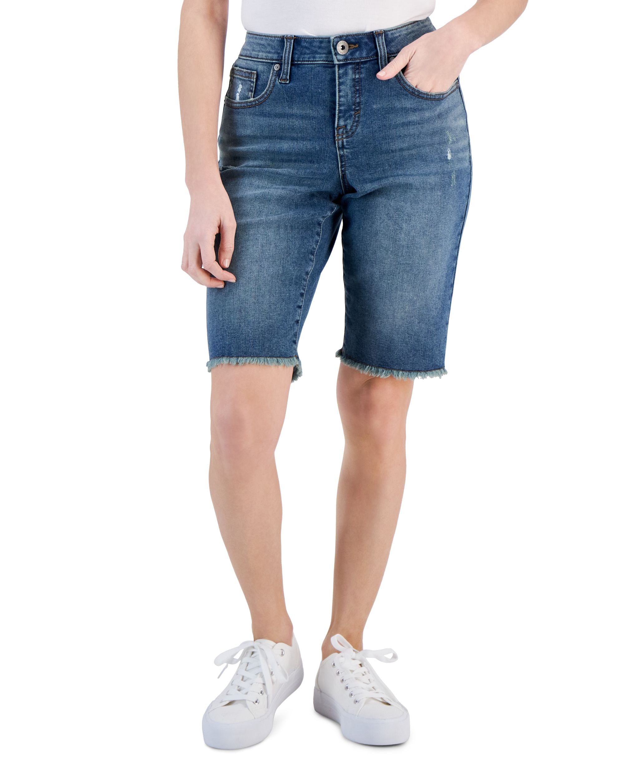 Petite Mid-Rise Frayed Denim Bermuda Shorts