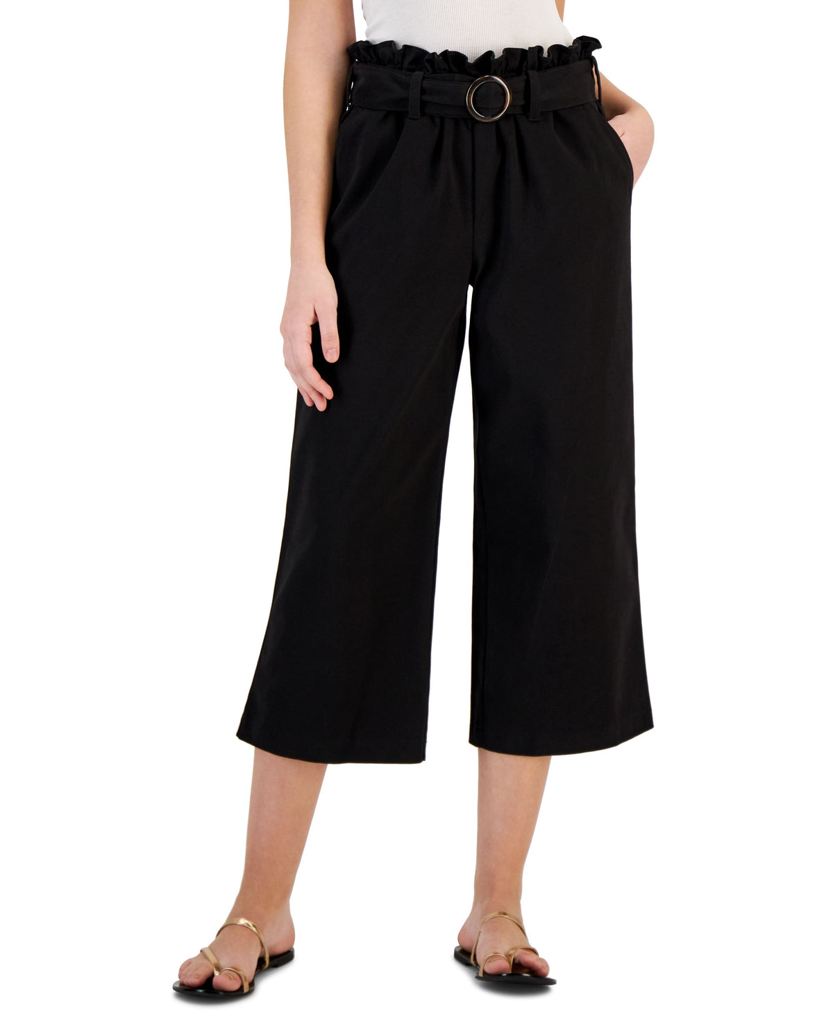 Women's Twill Paper Bag-Waist Belted Cropped Pants
