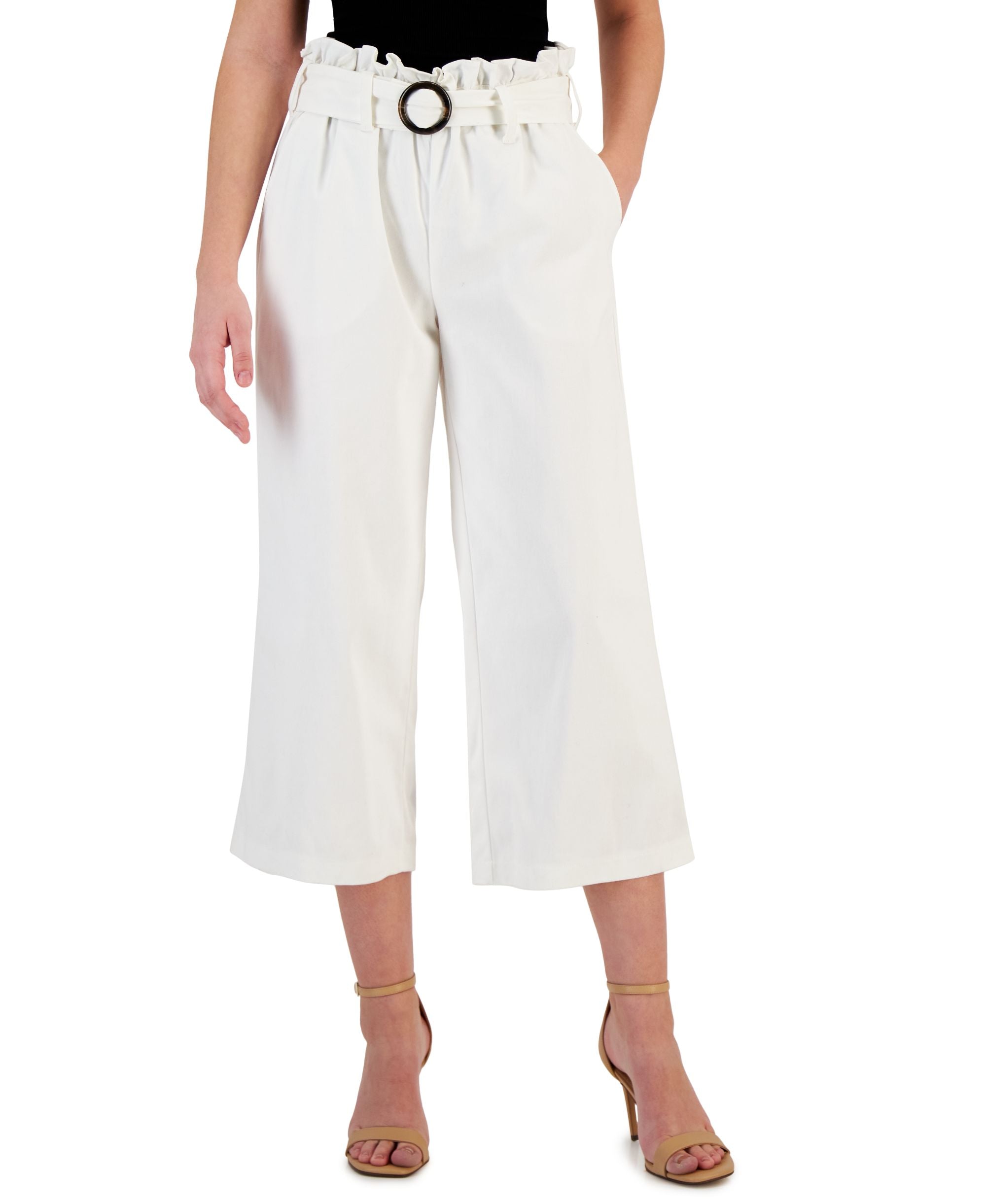 Women's Twill Paper Bag-Waist Belted Cropped Pants