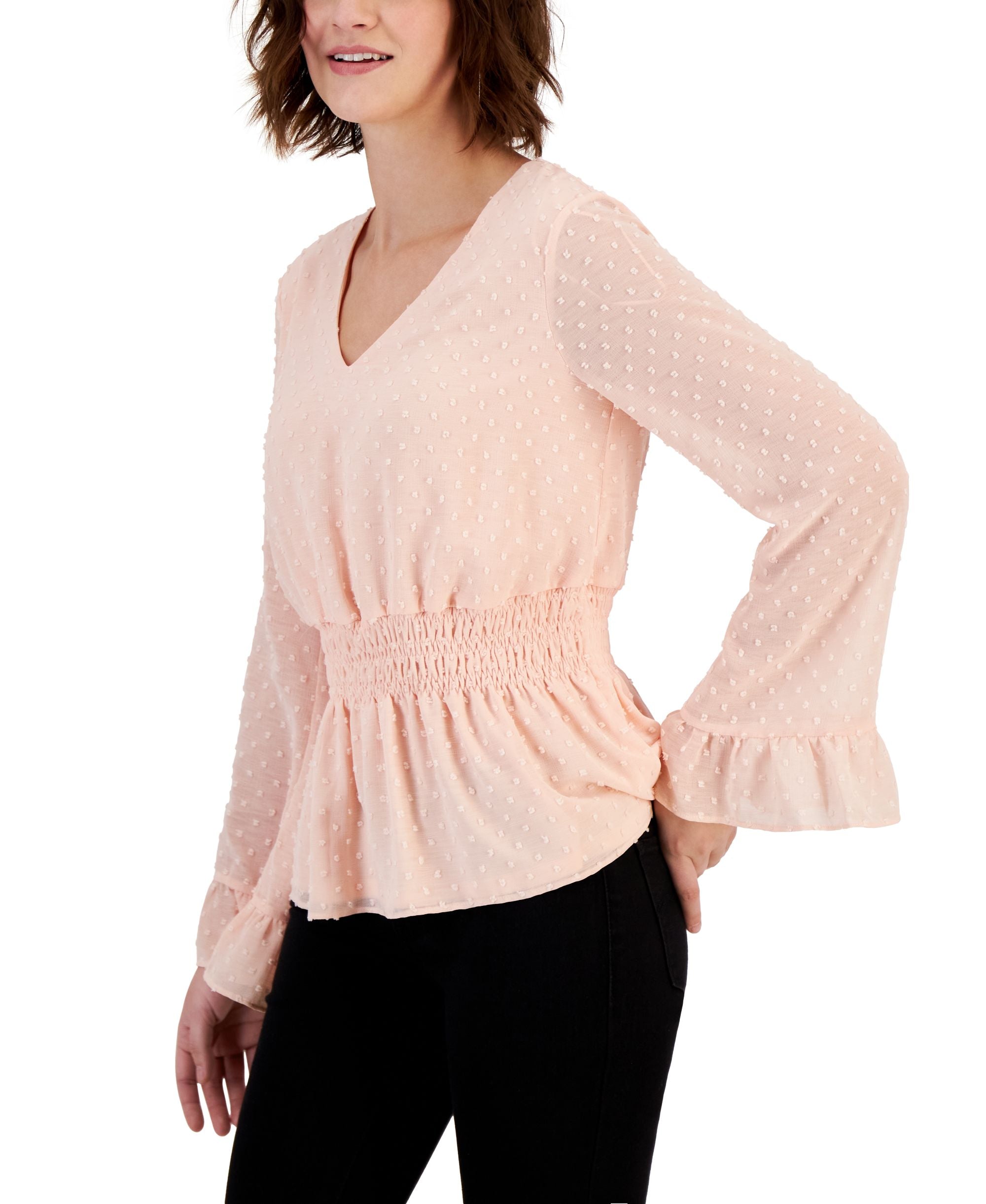 Women's Smocked-Waist Bell-Sleeve Clip-Dot Top